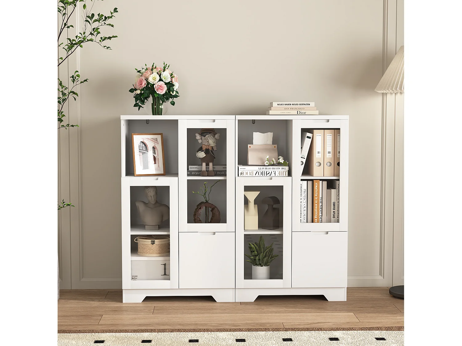 Armoire en MDF avec portes en verre et tiroir, espace de rangement ouvert, blanc (65x30x100 cm)