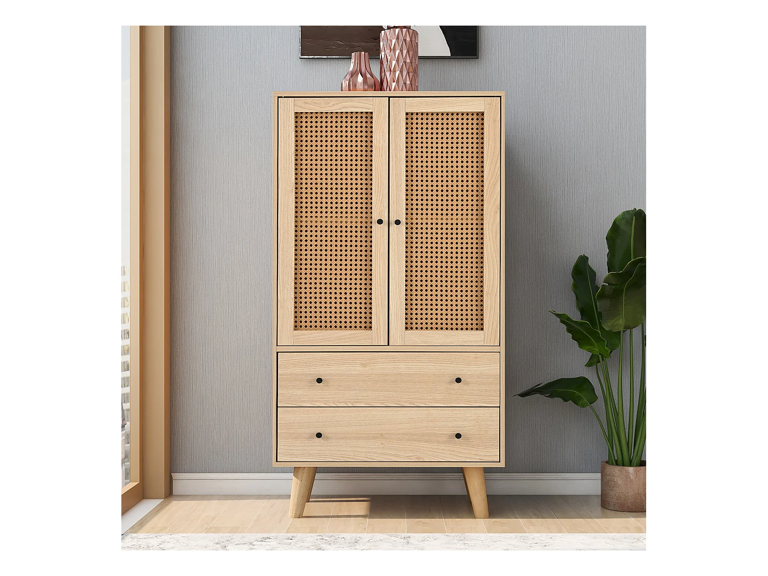 Buffet avec 2 Portes et 2 Tiroirs, Espace de Rangement, MDF, Chêne, (60x40x120 cm)