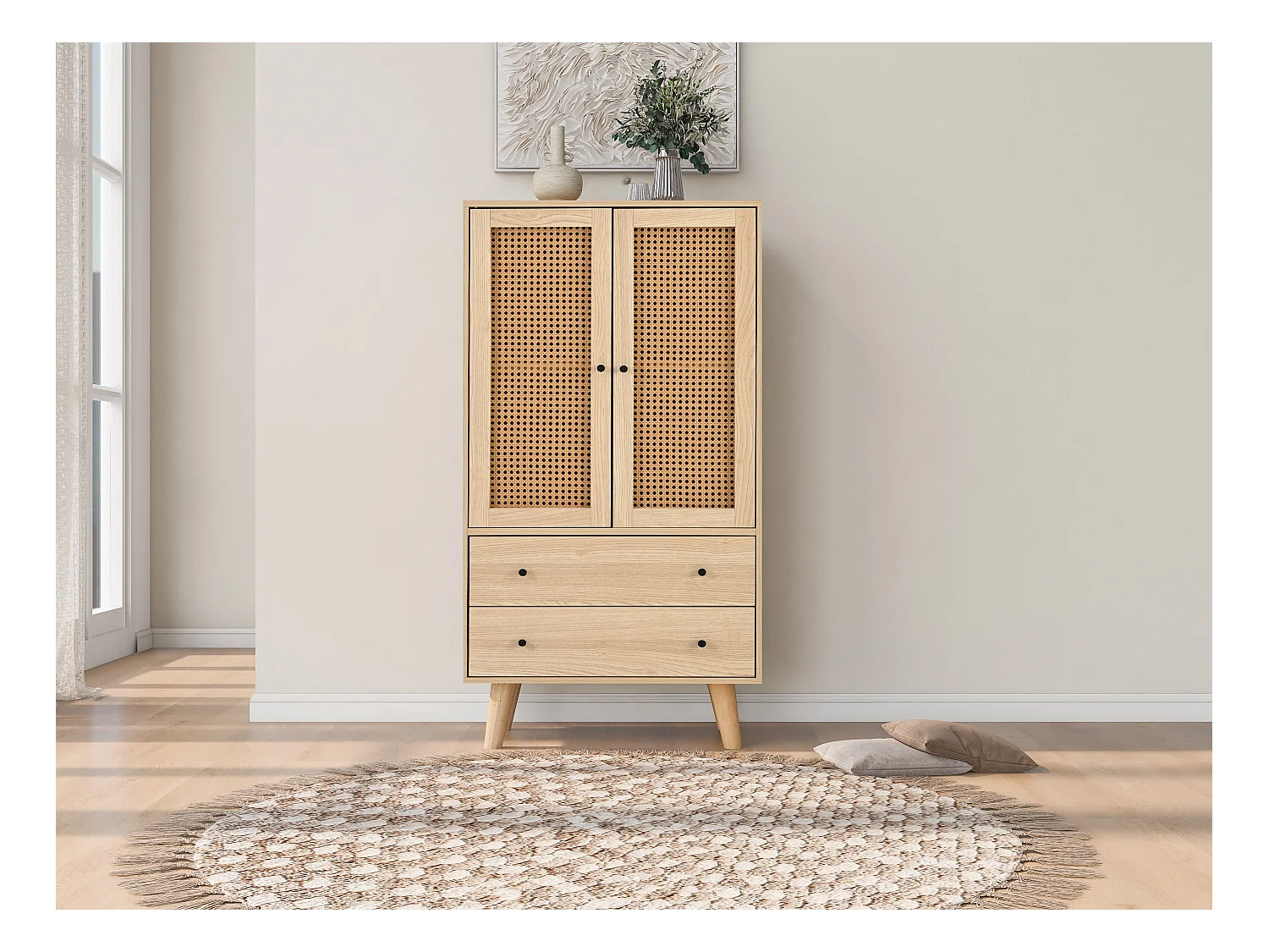 Buffet avec 2 Portes et 2 Tiroirs, Espace de Rangement, MDF, Chêne, (60x40x120 cm)