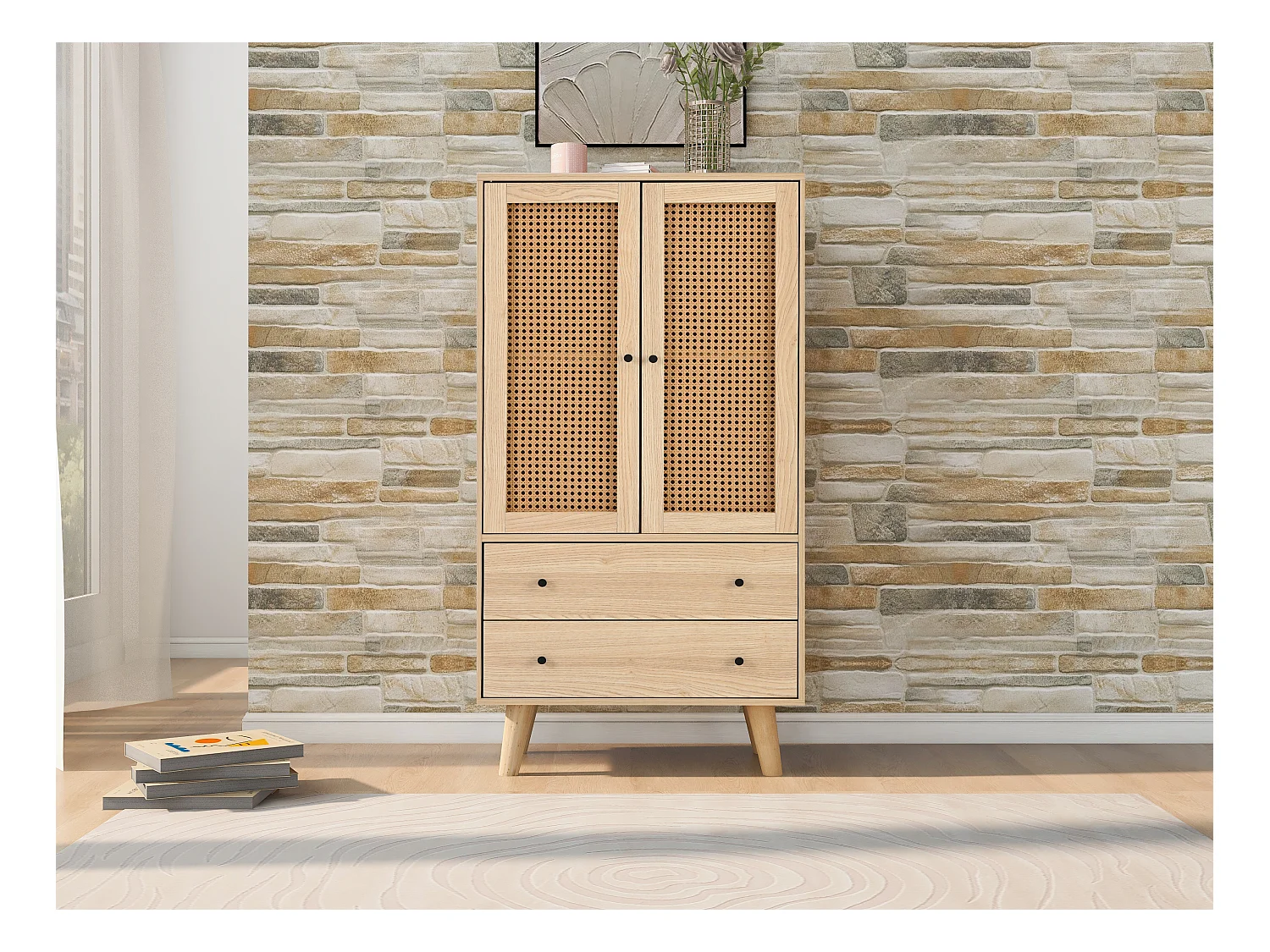 Aparador con 2 puertas y 2 cajones, espacio de almacenamiento, MDF, roble, (60x40x120 cm)