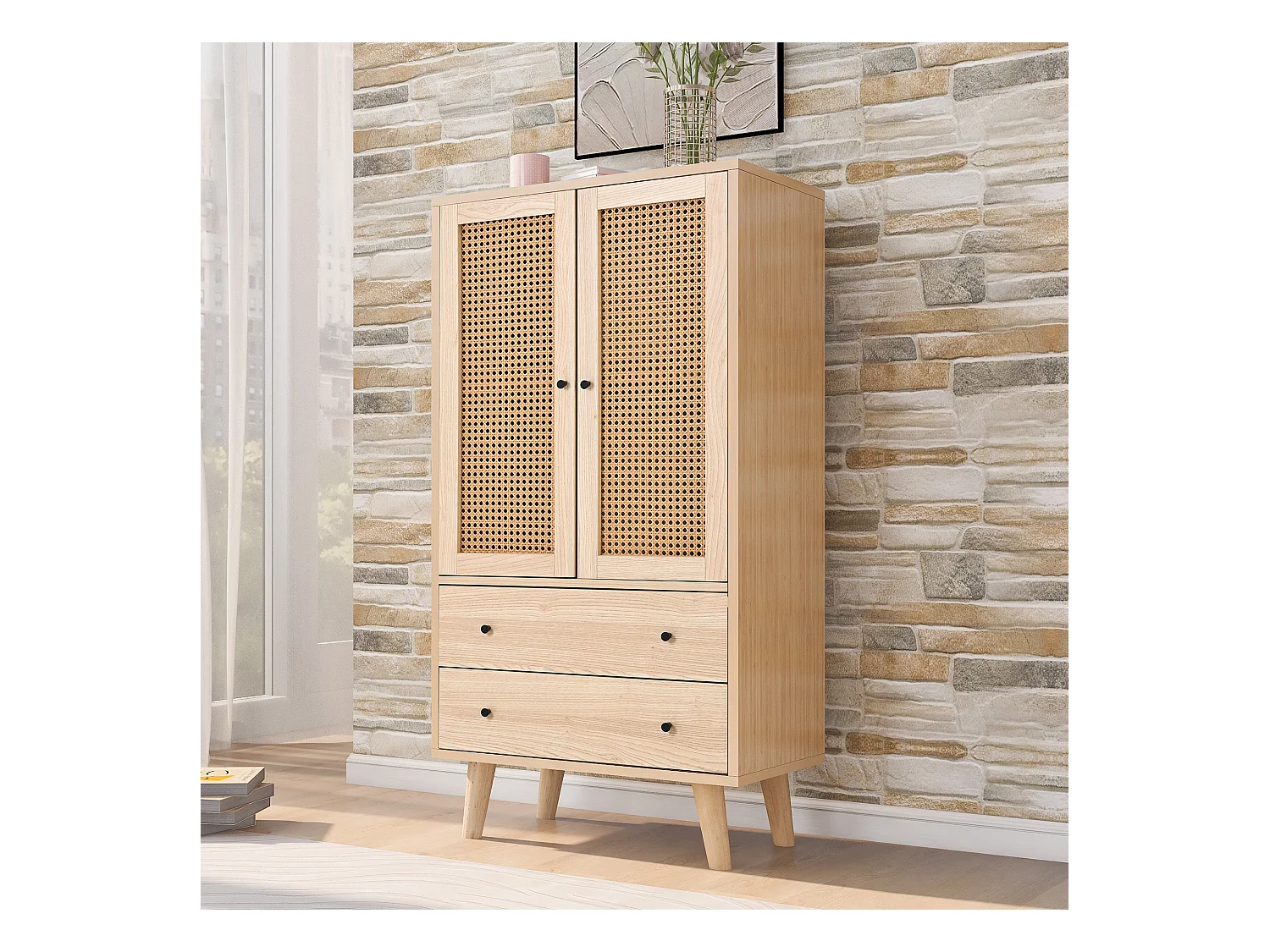 Aparador con 2 puertas y 2 cajones, espacio de almacenamiento, MDF, roble, (60x40x120 cm)