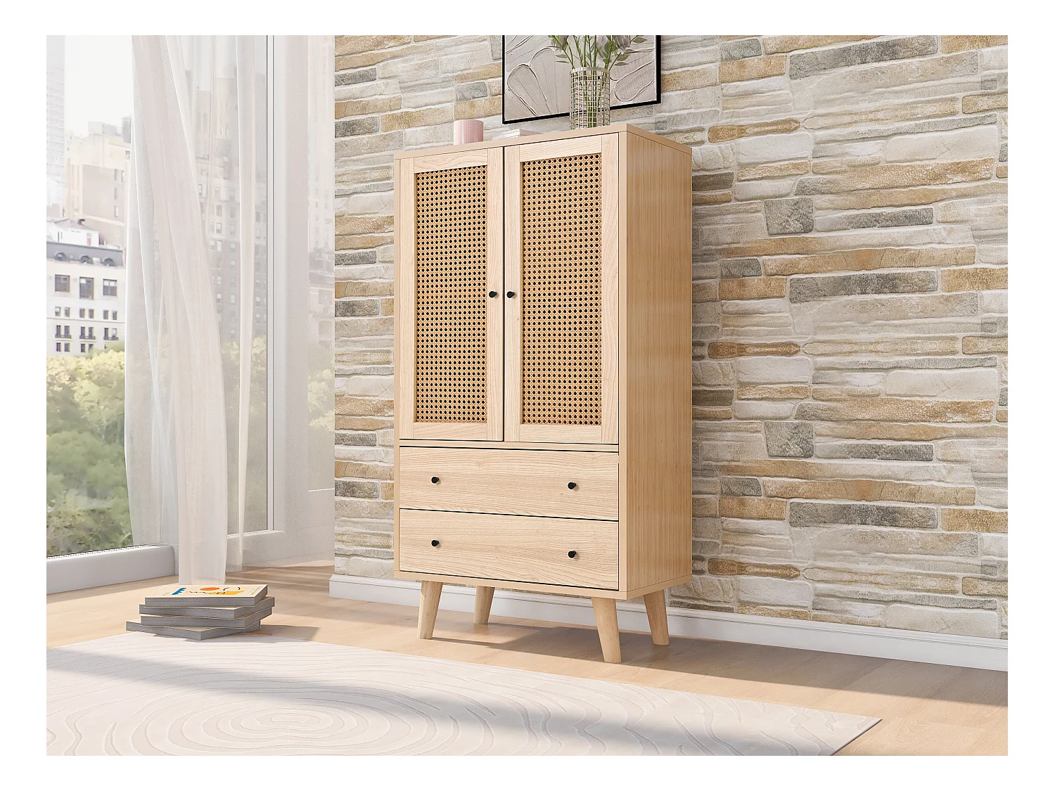 Aparador con 2 puertas y 2 cajones, espacio de almacenamiento, MDF, roble, (60x40x120 cm)