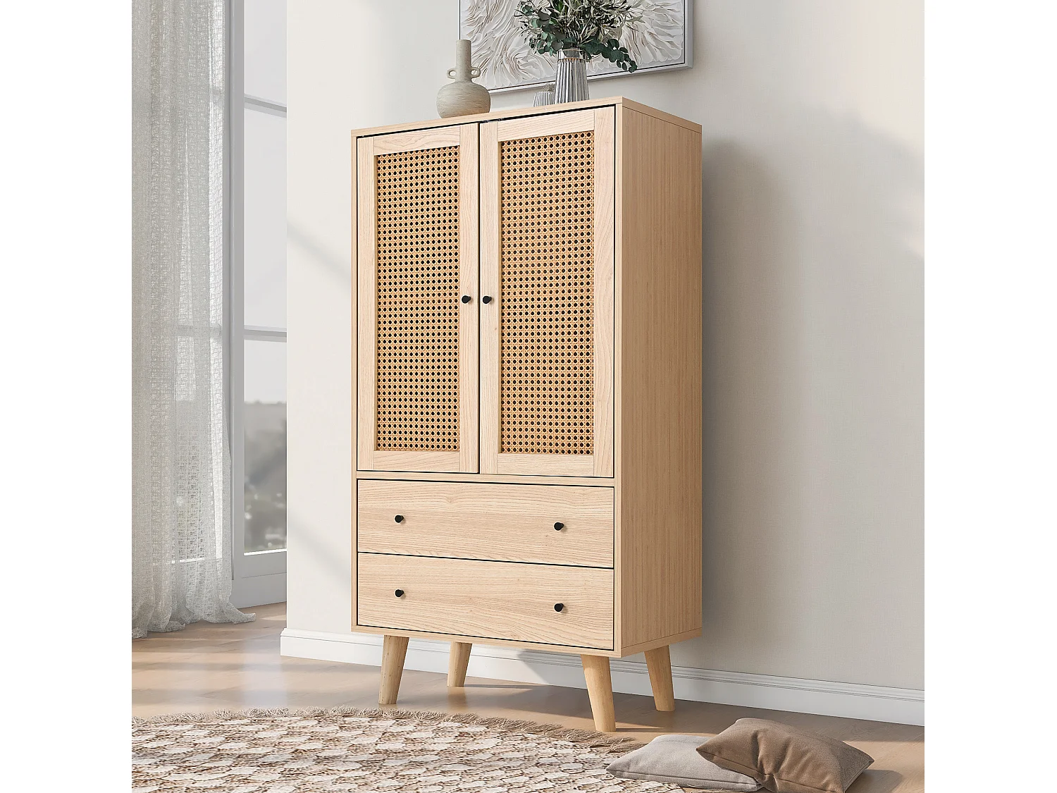 Buffet avec 2 Portes et 2 Tiroirs, Espace de Rangement, MDF, Chêne, (60x40x120 cm)