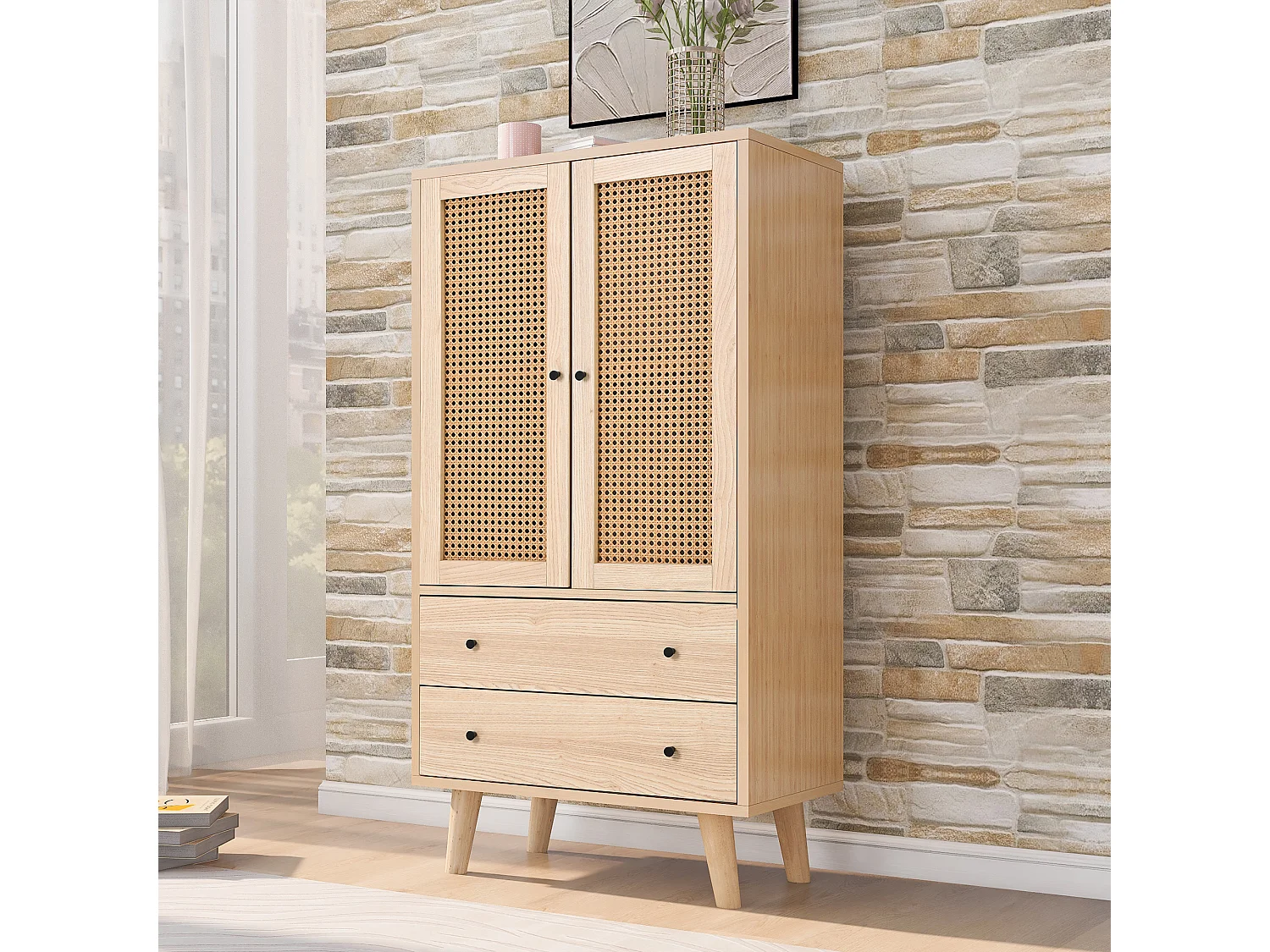 Buffet avec 2 Portes et 2 Tiroirs, Espace de Rangement, MDF, Chêne, (60x40x120 cm)
