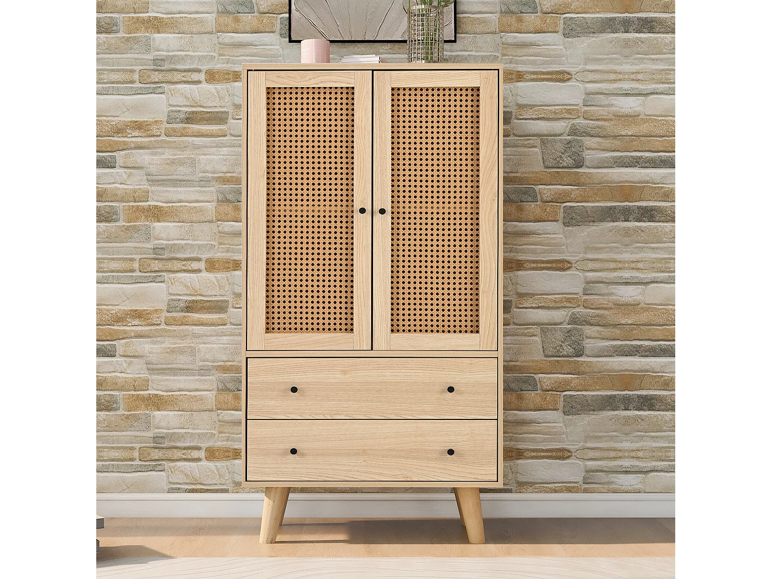 Buffet avec 2 Portes et 2 Tiroirs, Espace de Rangement, MDF, Chêne, (60x40x120 cm)