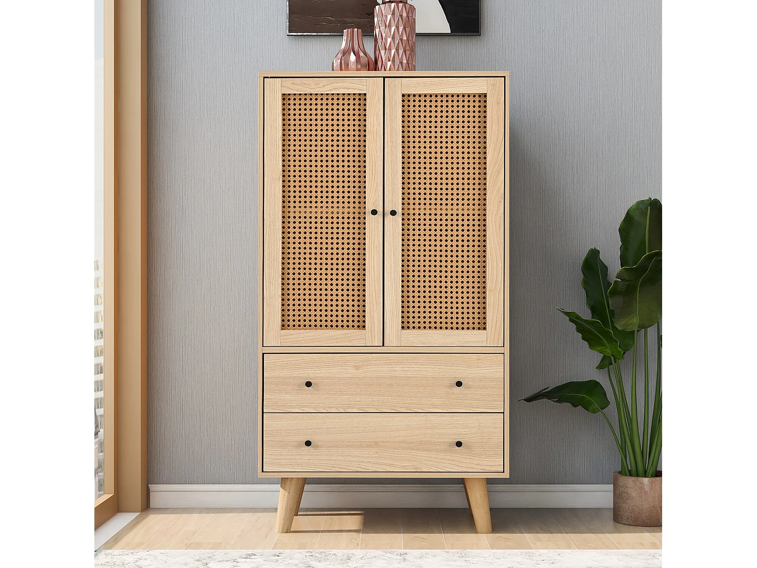 Buffet avec 2 Portes et 2 Tiroirs, Espace de Rangement, MDF, Chêne, (60x40x120 cm)