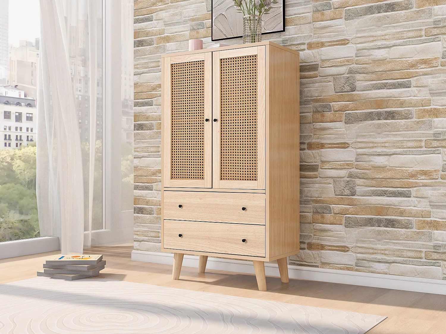 Buffet avec 2 Portes et 2 Tiroirs, Espace de Rangement, MDF, Chêne, (60x40x120 cm)