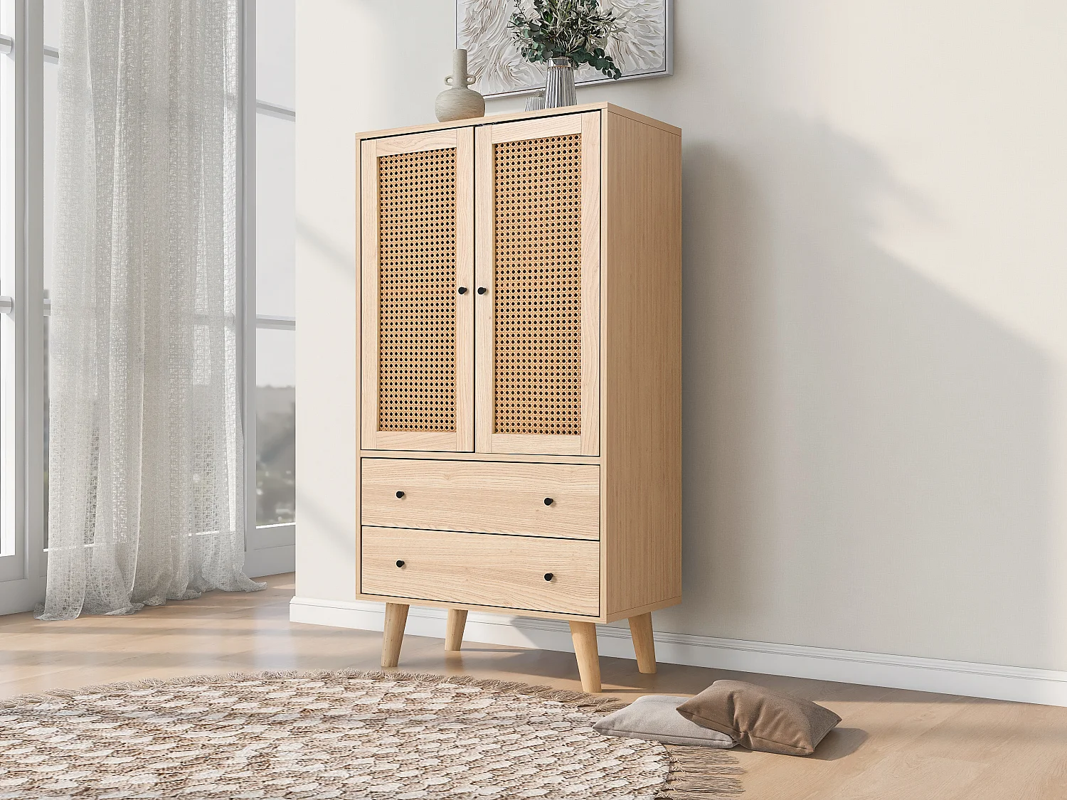 Buffet avec 2 Portes et 2 Tiroirs, Espace de Rangement, MDF, Chêne, (60x40x120 cm)