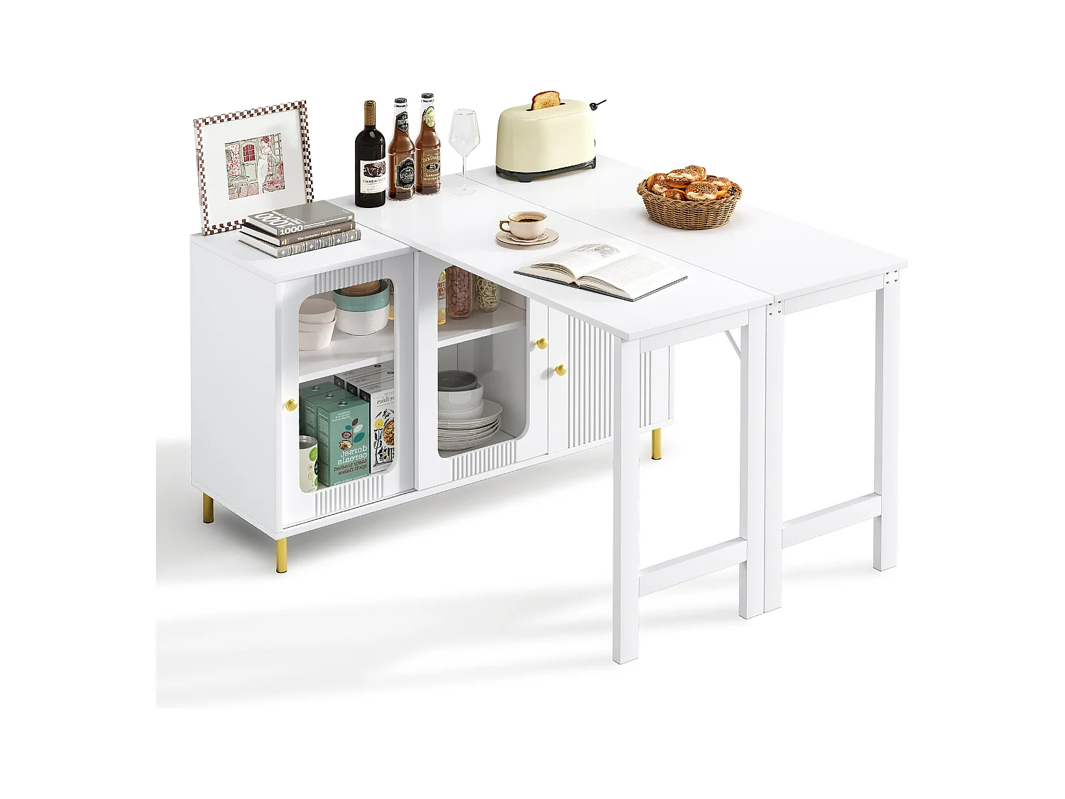 Buffet moderne avec table rabattable et extensible, 3 portes, design 3D ondulé, pieds métalliques dorés, verre trempé, MDF, blanc (116x40x78.5 cm)