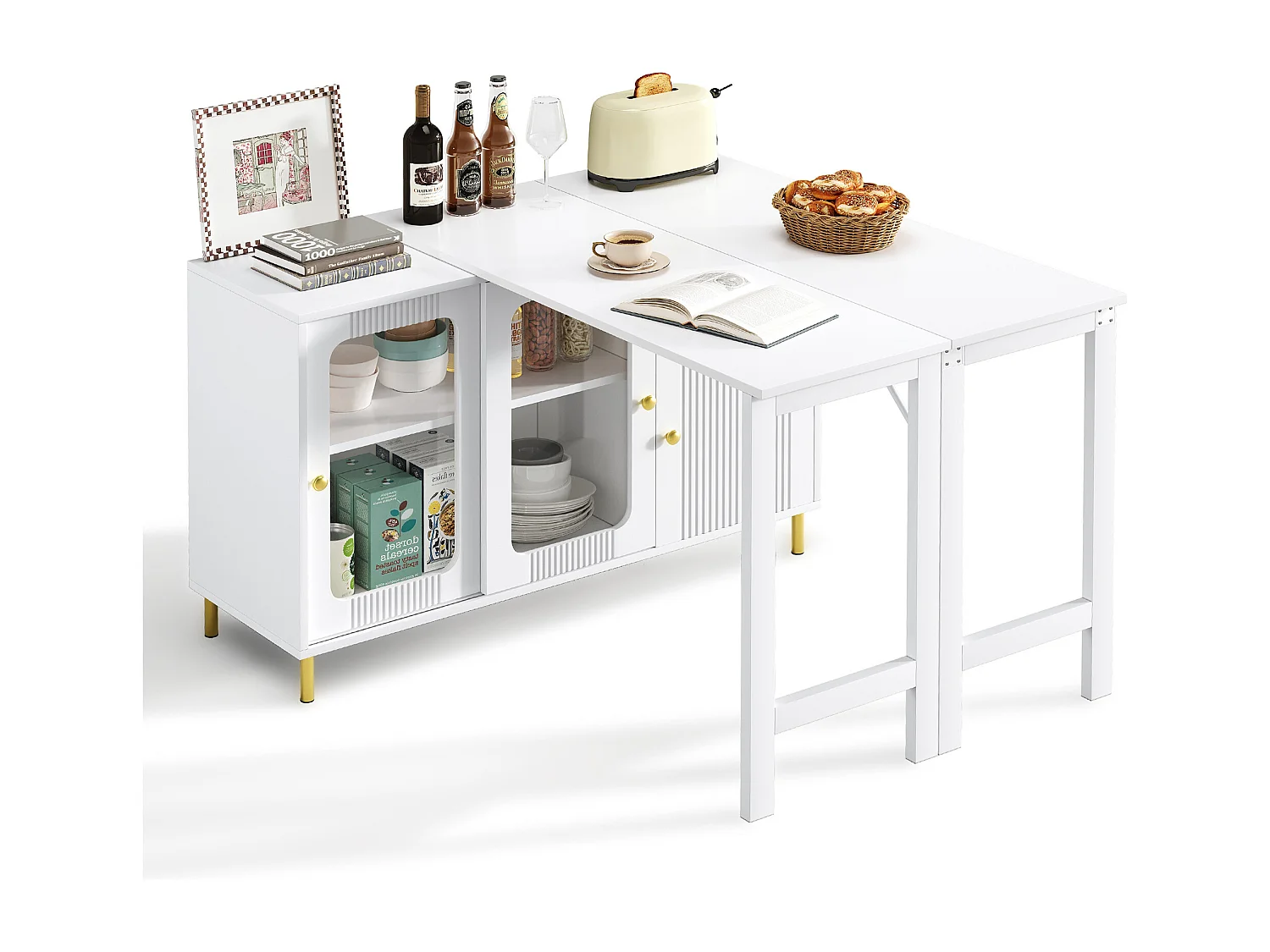 Modern dressoir met opklapbare en uitschuifbare tafel, 3 deuren, 3D-golfdesign, poten van goudkleurig metaal, gehard glas, MDF, wit (116x40x78,5 cm)