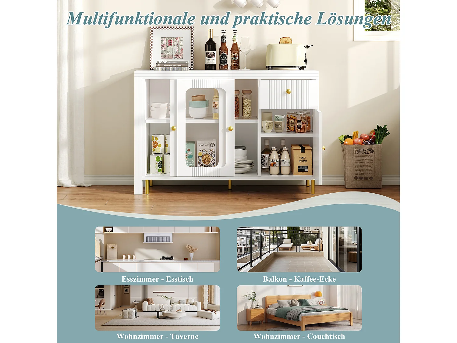 Modern dressoir met opklapbare en uitschuifbare tafel, 3 deuren, 3D-golfdesign, poten van goudkleurig metaal, gehard glas, MDF, wit (116x40x78,5 cm)
