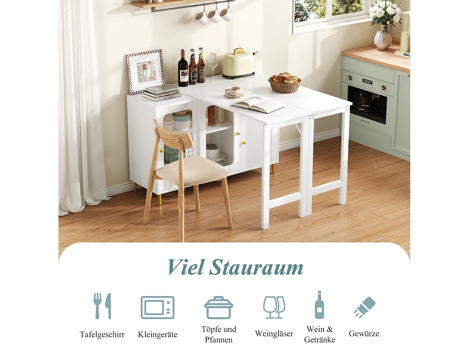 Modern dressoir met opklapbare en uitschuifbare tafel, 3 deuren, 3D-golfdesign, poten van goudkleurig metaal, gehard glas, MDF, wit (116x40x78,5 cm)