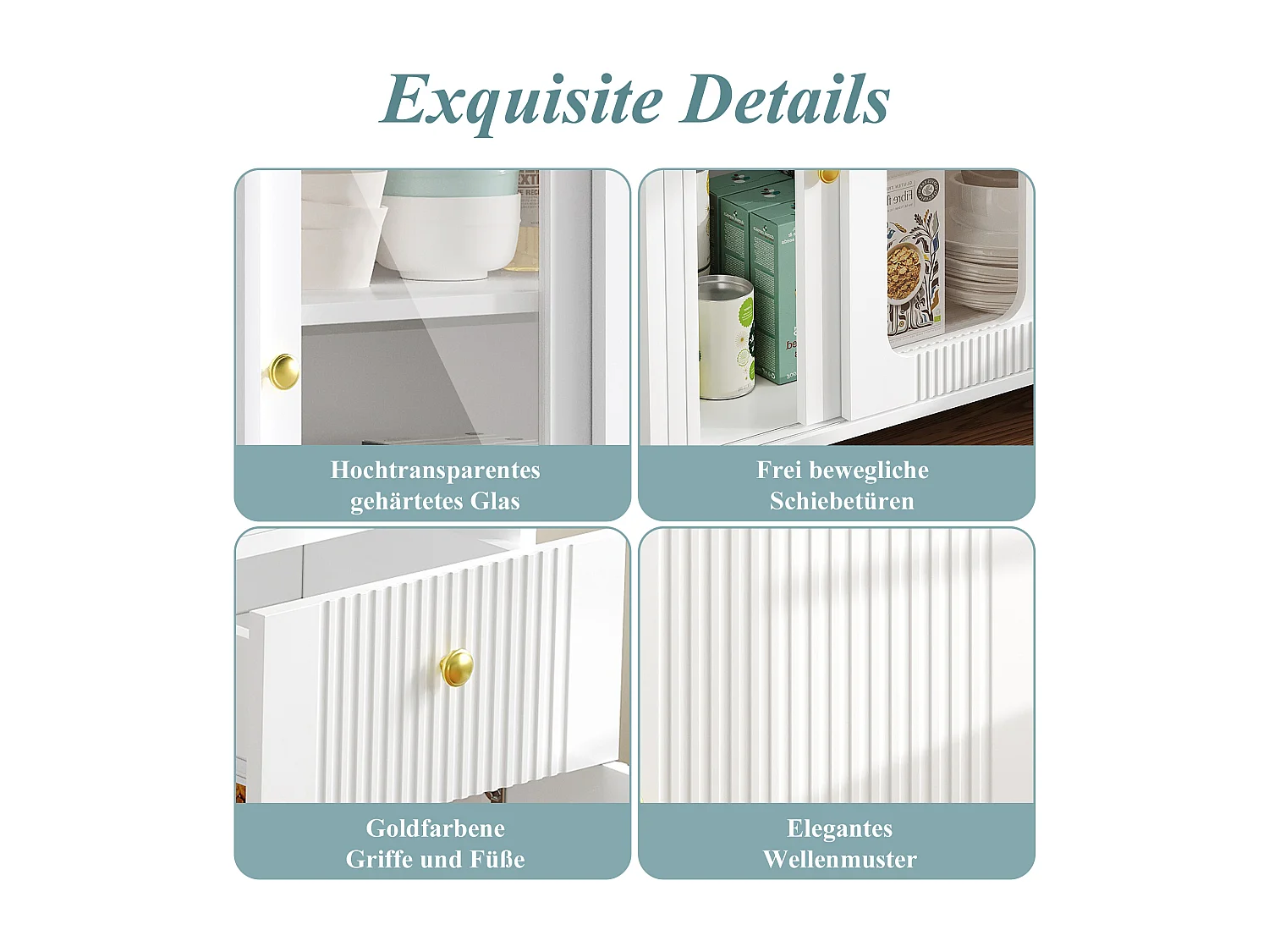 Modern dressoir met opklapbare en uitschuifbare tafel, 3 deuren, 3D-golfdesign, poten van goudkleurig metaal, gehard glas, MDF, wit (116x40x78,5 cm)