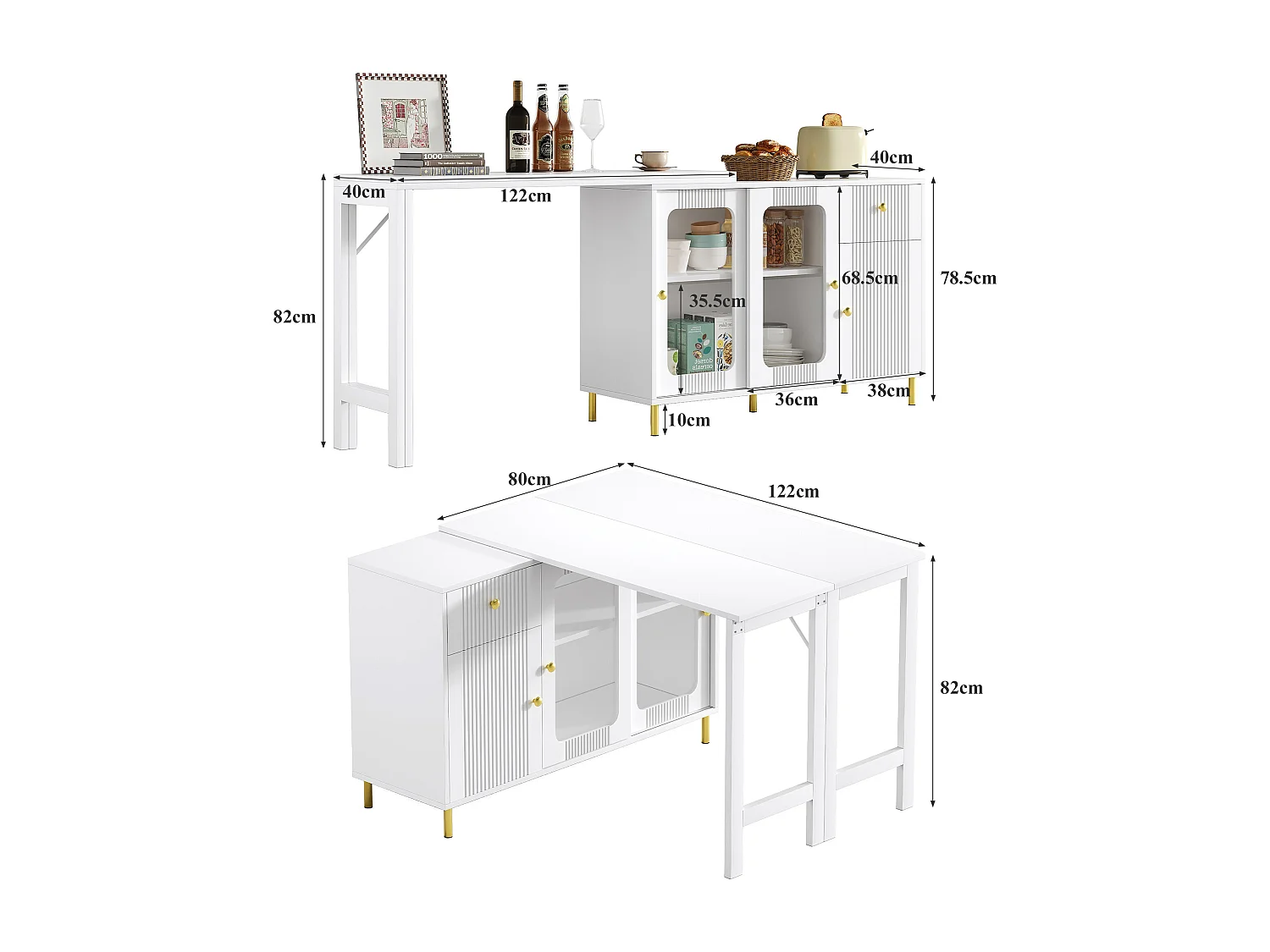 Modern dressoir met opklapbare en uitschuifbare tafel, 3 deuren, 3D-golfdesign, poten van goudkleurig metaal, gehard glas, MDF, wit (116x40x78,5 cm)
