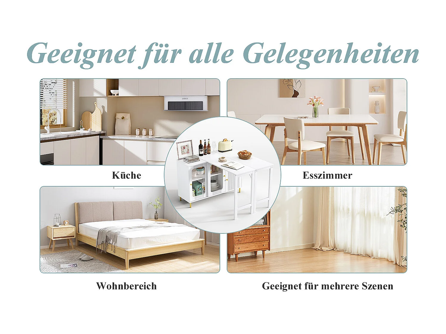 Modern dressoir met opklapbare en uitschuifbare tafel, 3 deuren, 3D-golfdesign, poten van goudkleurig metaal, gehard glas, MDF, wit (116x40x78,5 cm)