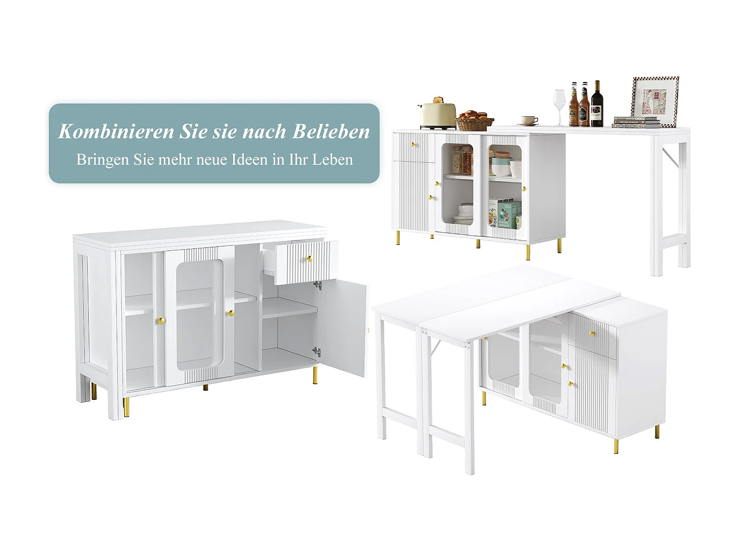 Modern dressoir met opklapbare en uitschuifbare tafel, 3 deuren, 3D-golfdesign, poten van goudkleurig metaal, gehard glas, MDF, wit (116x40x78,5 cm)