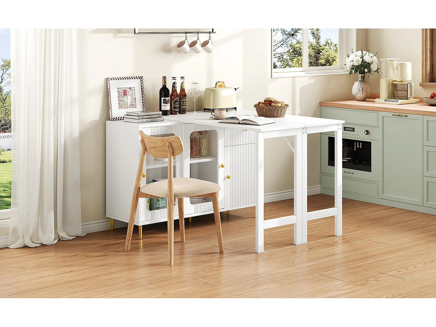 Modern dressoir met opklapbare en uitschuifbare tafel, 3 deuren, 3D-golfdesign, poten van goudkleurig metaal, gehard glas, MDF, wit (116x40x78,5 cm)