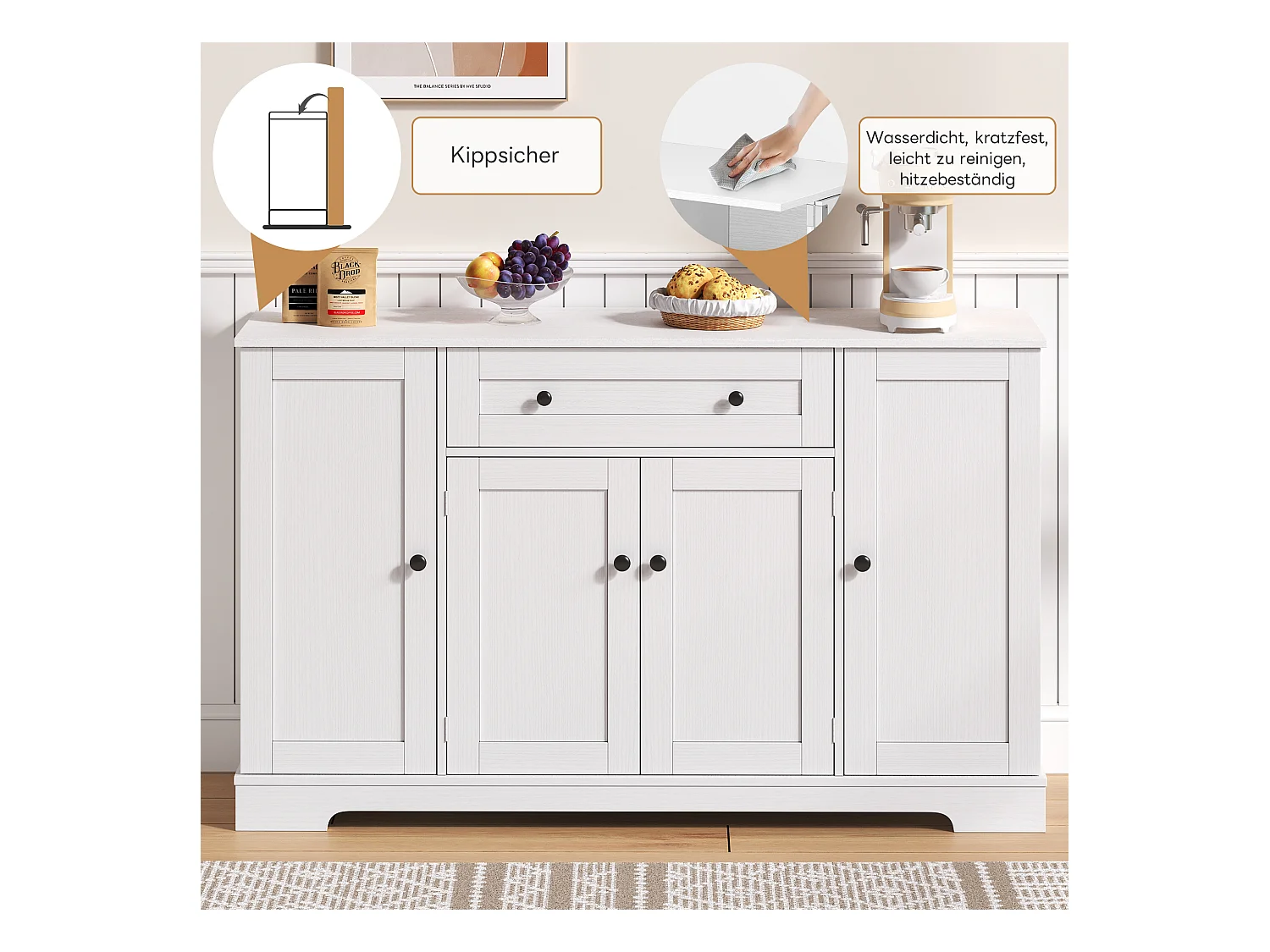 Buffet multifonctionnel – Buffet avec tiroir, portes avec étagères réglables, design moderne avec protection anti-basculement (138x47x80 cm)