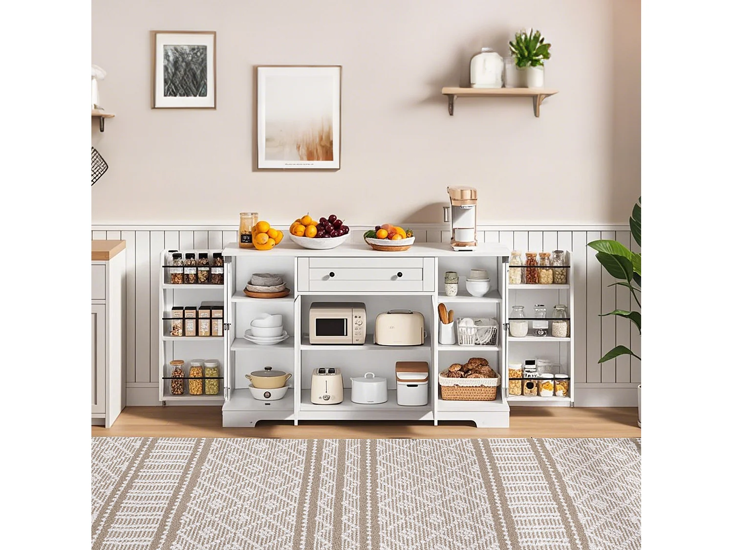 Buffet multifonctionnel – Buffet avec tiroir, portes avec étagères réglables, design moderne avec protection anti-basculement (138x47x80 cm)