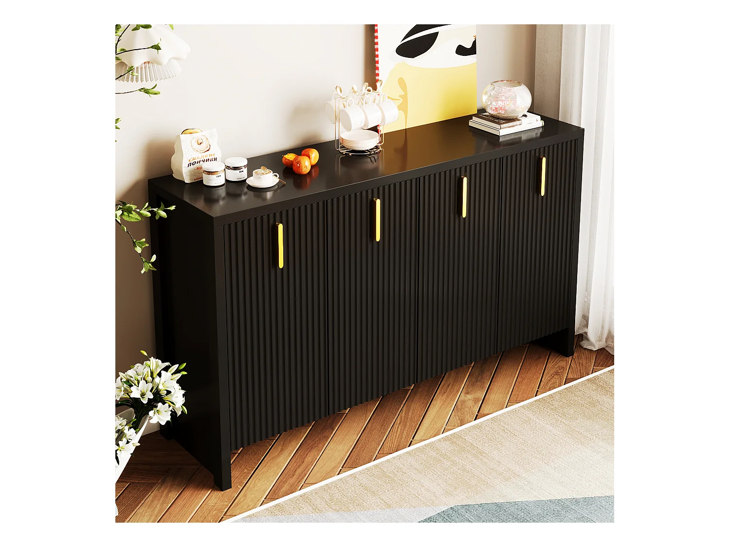 Minimalistisch zwart dressoir, met gouden handgrepen, verstelbare planken, MDF (140x38x80 cm)