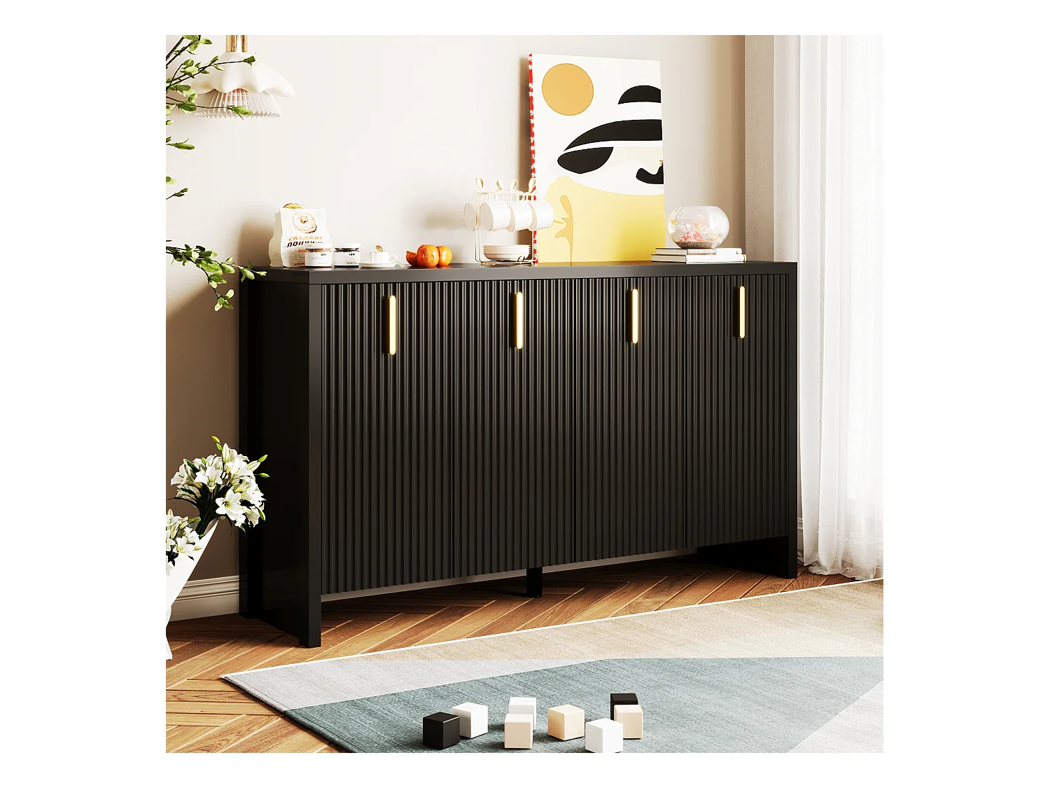 Minimalistisch zwart dressoir, met gouden handgrepen, verstelbare planken, MDF (140x38x80 cm)