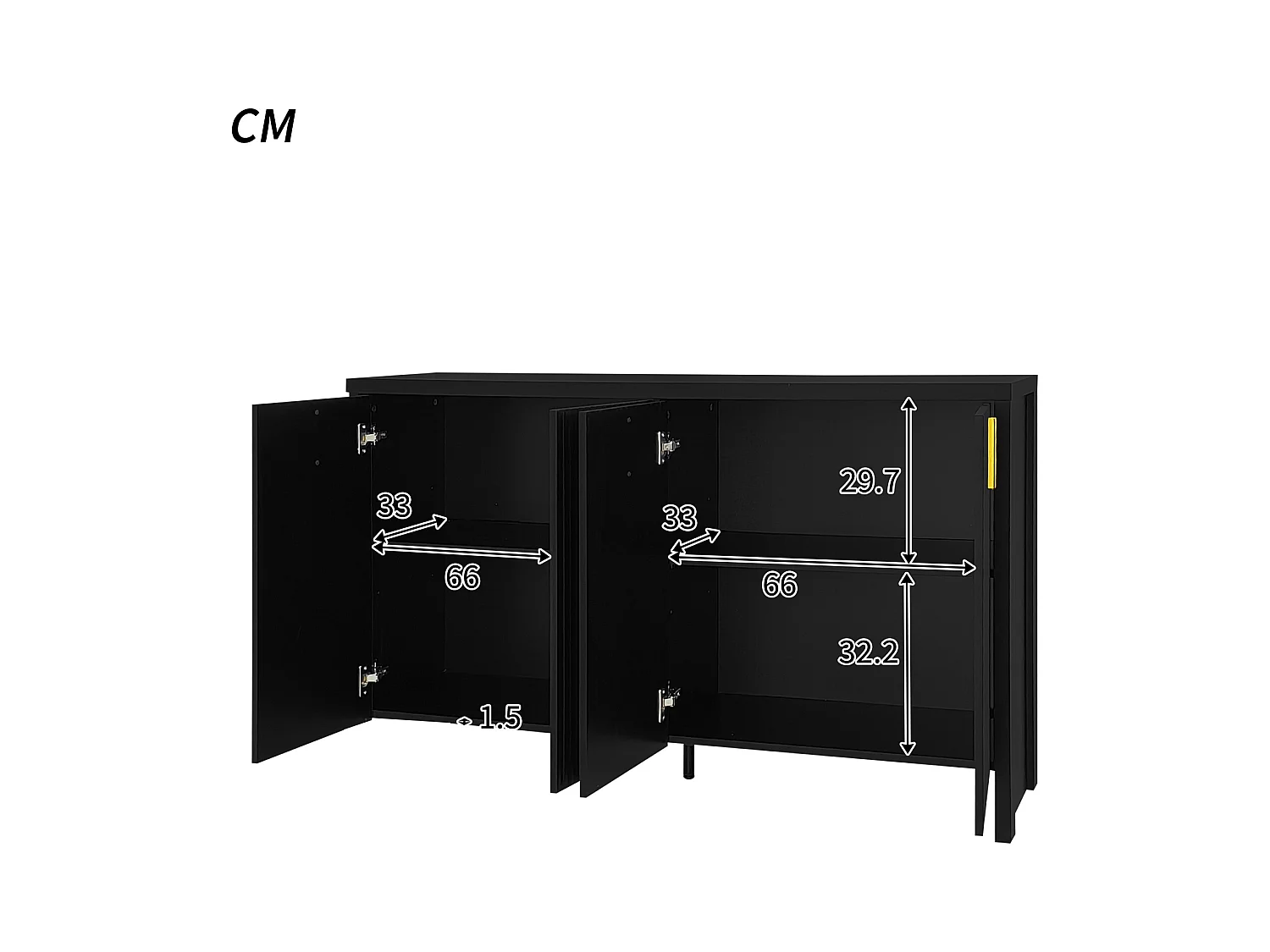 Minimalistisch zwart dressoir, met gouden handgrepen, verstelbare planken, MDF (140x38x80 cm)