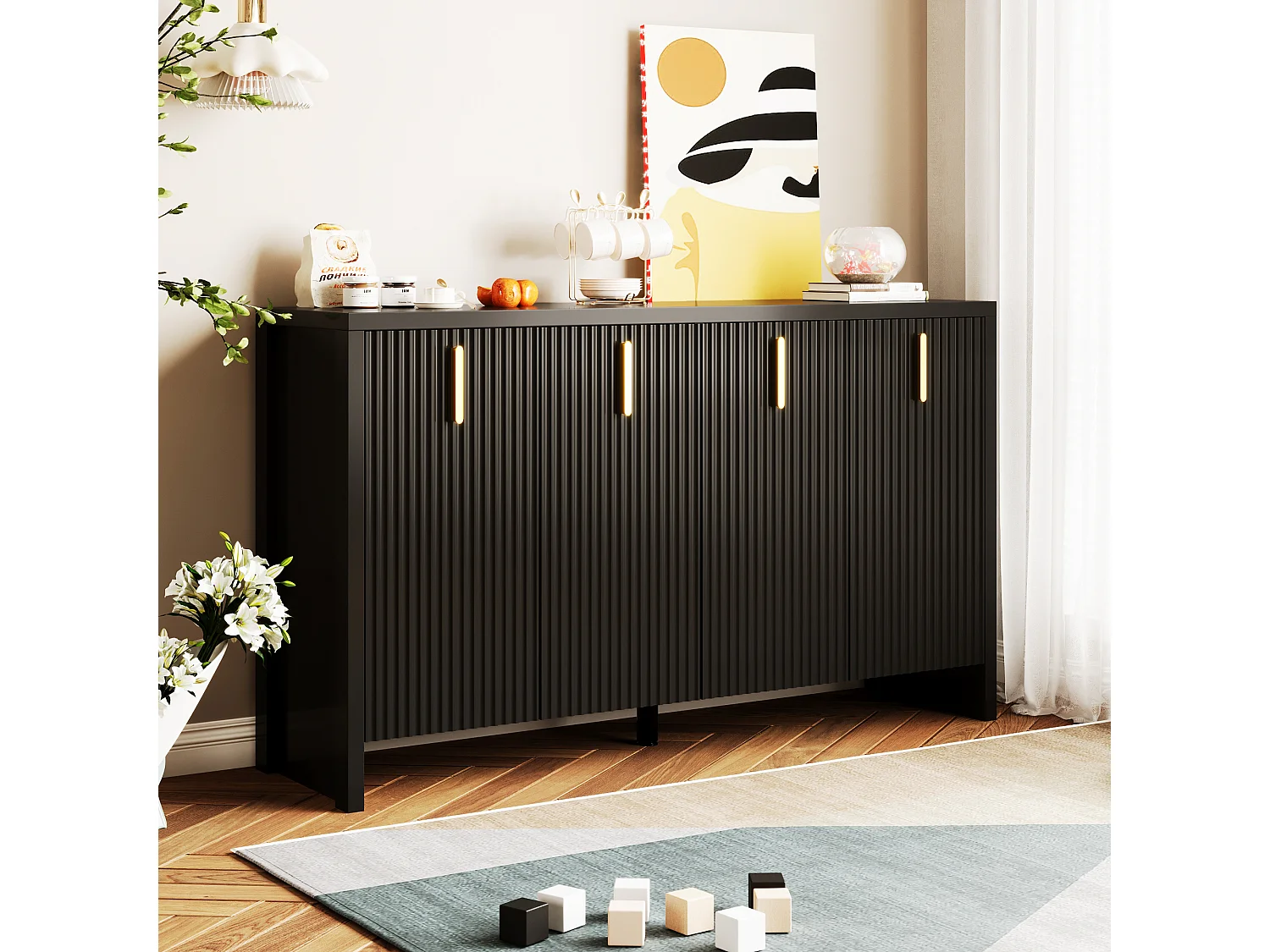 Minimalistisch zwart dressoir, met gouden handgrepen, verstelbare planken, MDF (140x38x80 cm)