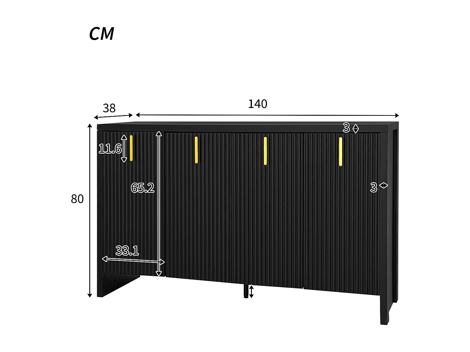 Minimalistisch zwart dressoir, met gouden handgrepen, verstelbare planken, MDF (140x38x80 cm)