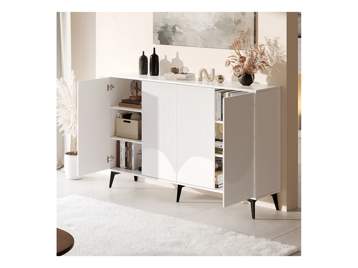 Buffet LED avec 4 portes, 2 tiroirs, MDF, Blanc (160x35x100 cm)