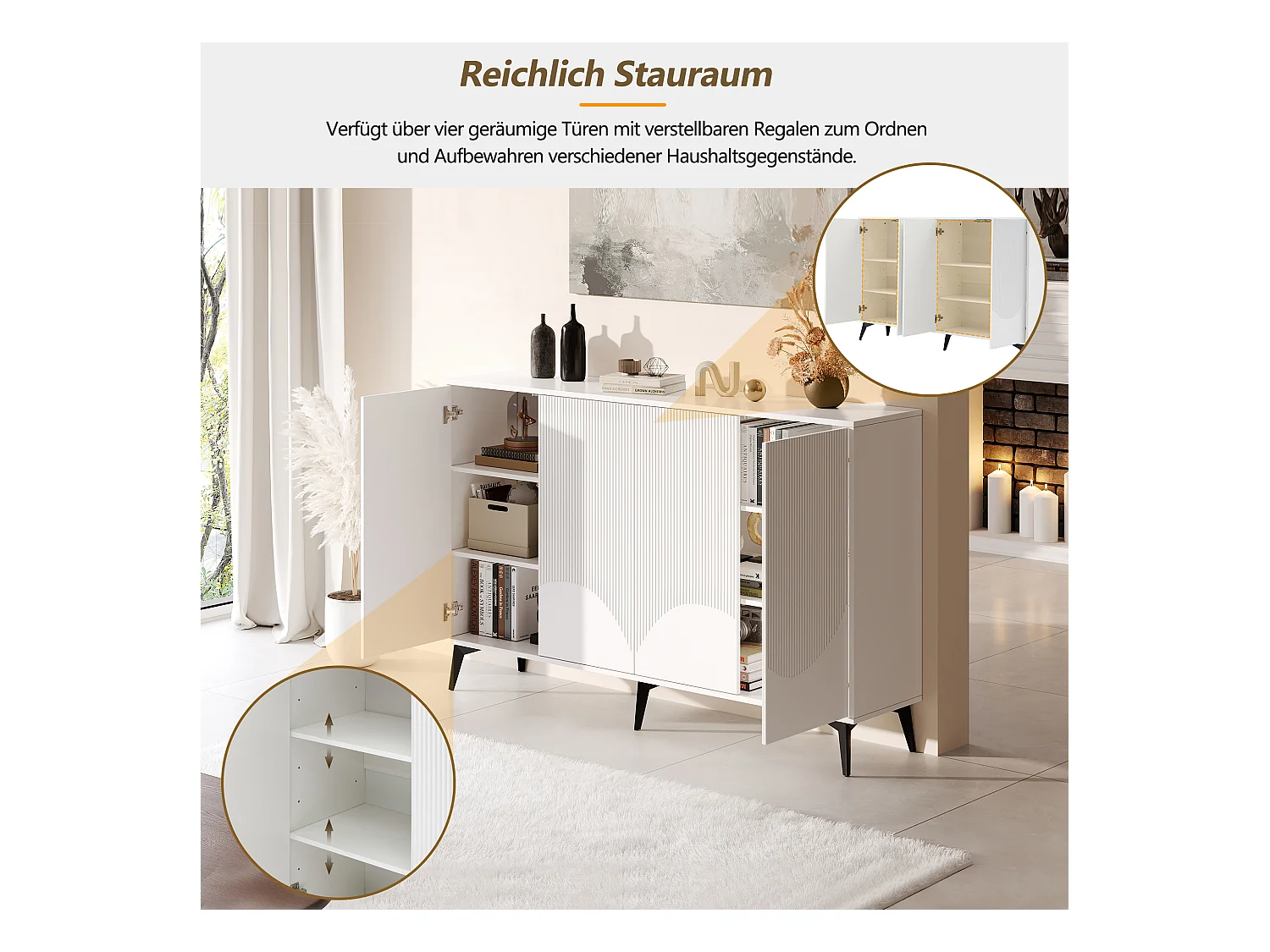 Aparador LED con 4 puertas, 2 cajones, MDF, Blanco (160x35x100 cm)