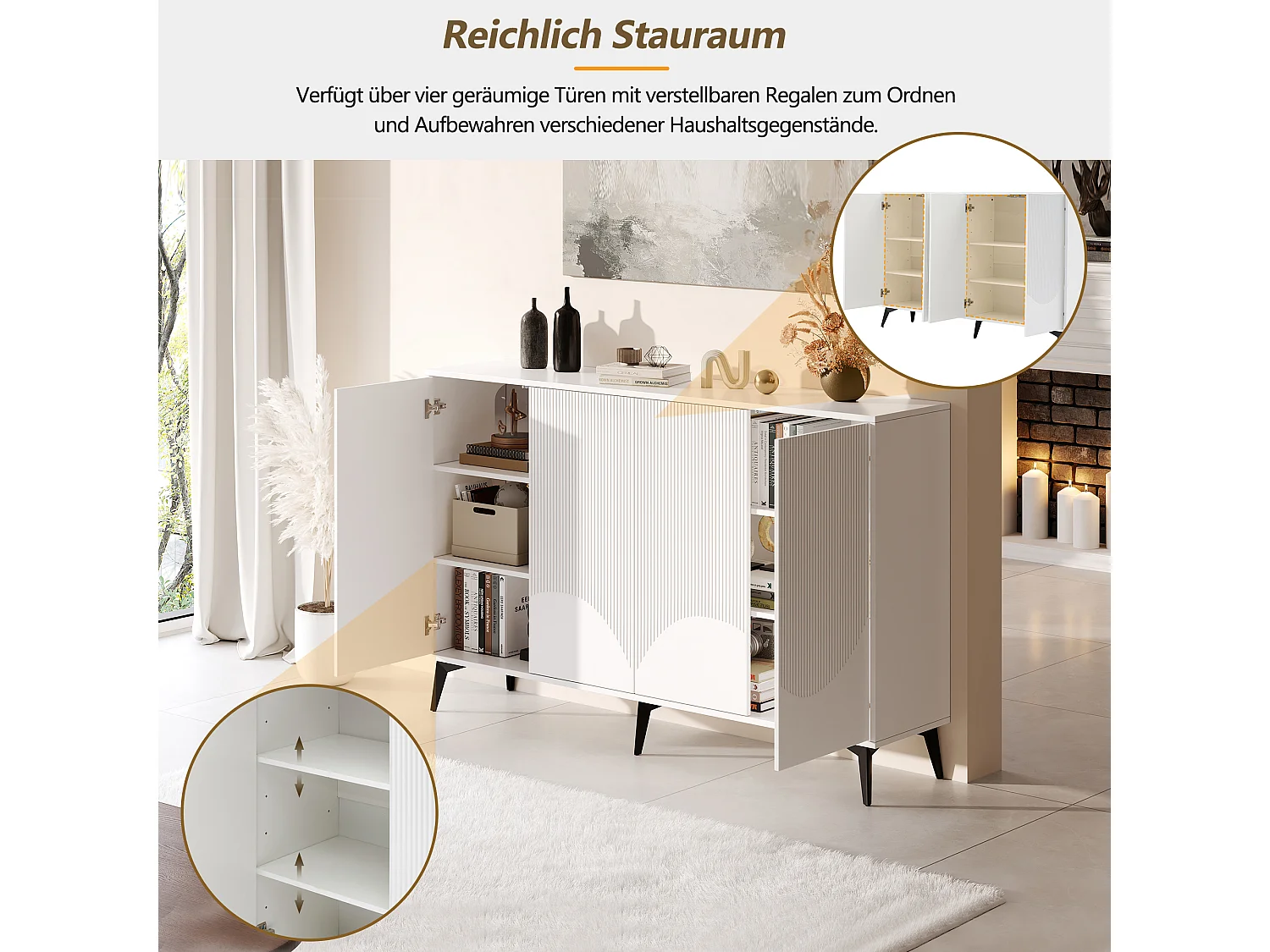 Buffet LED avec 4 portes, 2 tiroirs, MDF, Blanc (160x35x100 cm)