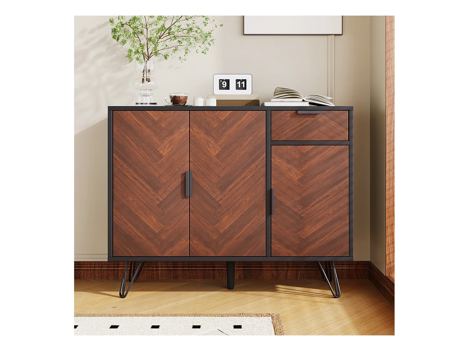 Buffet moderne avec 1 tiroir et étagères réglables, en MDF et panneau de particules, noir et bois (90x30x71.5 cm)