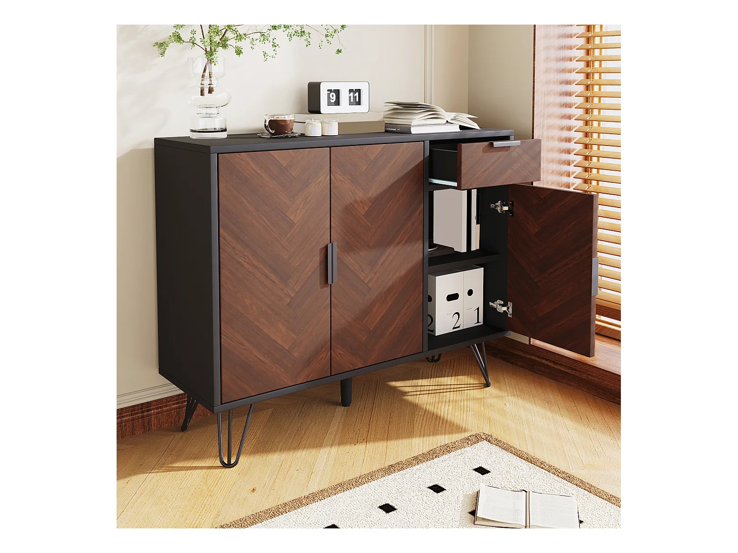 Buffet moderne avec 1 tiroir et étagères réglables, en MDF et panneau de particules, noir et bois (90x30x71.5 cm)