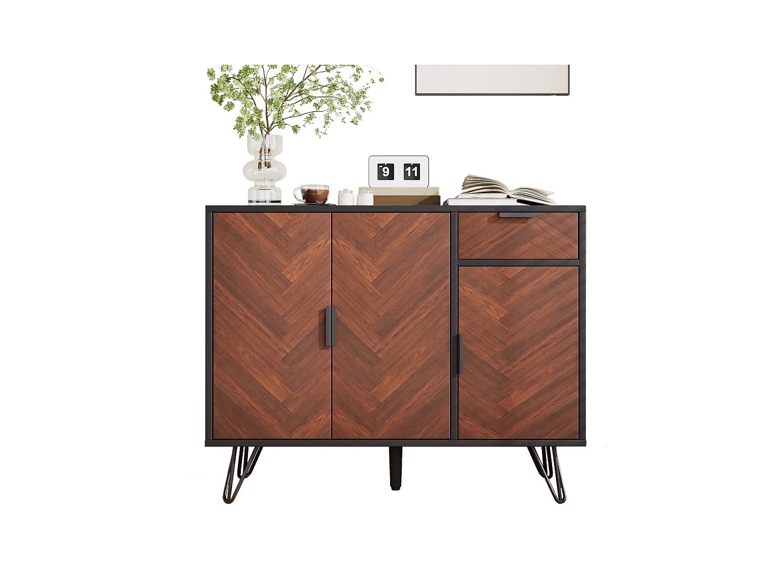 Buffet moderne avec 1 tiroir et étagères réglables, en MDF et panneau de particules, noir et bois (90x30x71.5 cm)