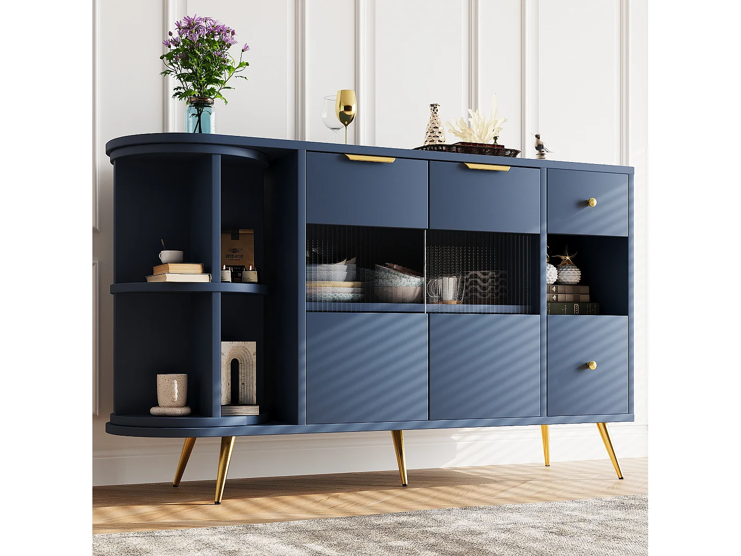 Aparador azul con puertas correderas de cristal, LED, MDF, (130x40x80 cm)