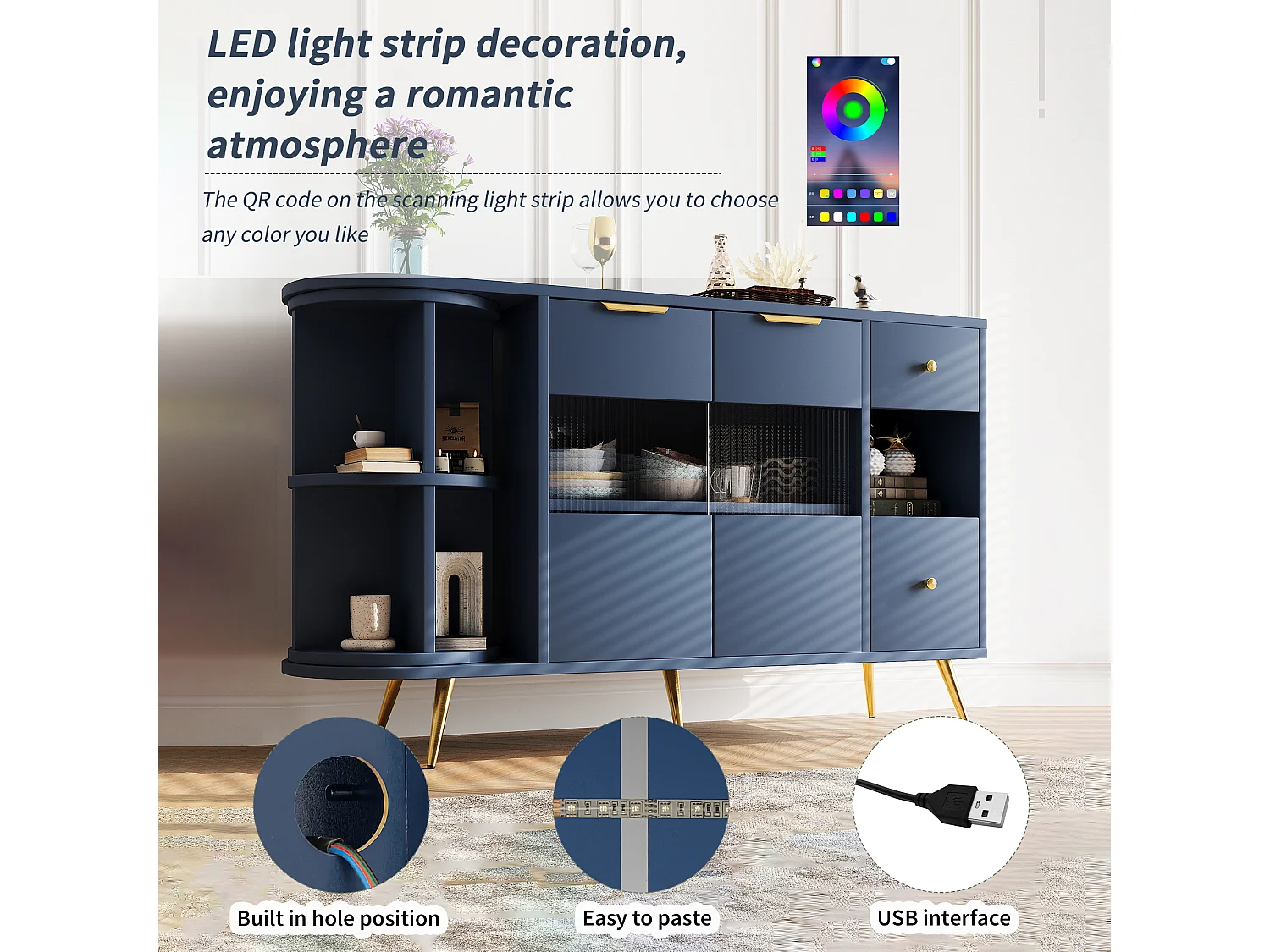 Aparador azul con puertas correderas de cristal, LED, MDF, (130x40x80 cm)