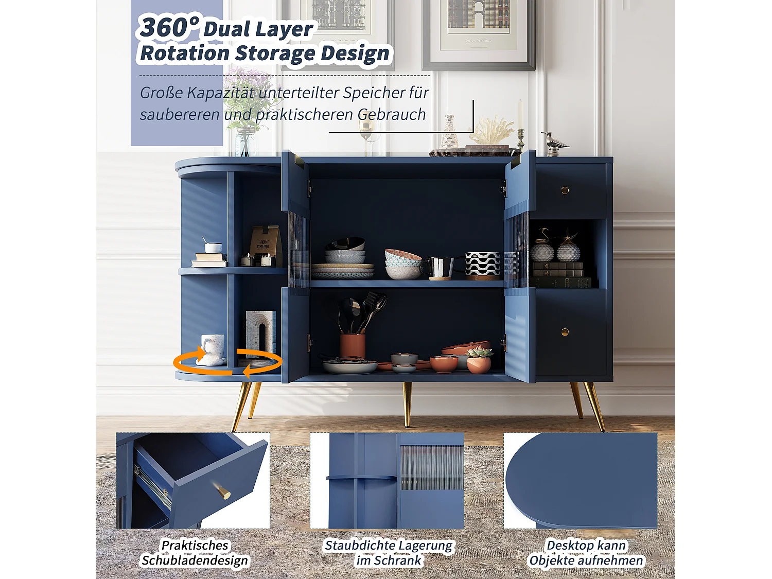 Aparador azul con puertas correderas de cristal, LED, MDF, (130x40x80 cm)