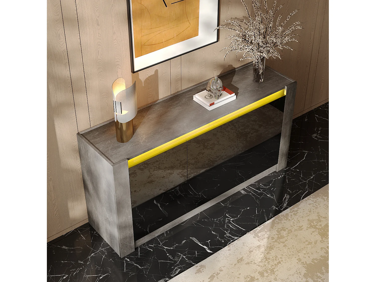 Buffet avec design moderne, 3 portes et 6 tiroirs, finition noir et gris, panneau de particules (150x40x75 cm)