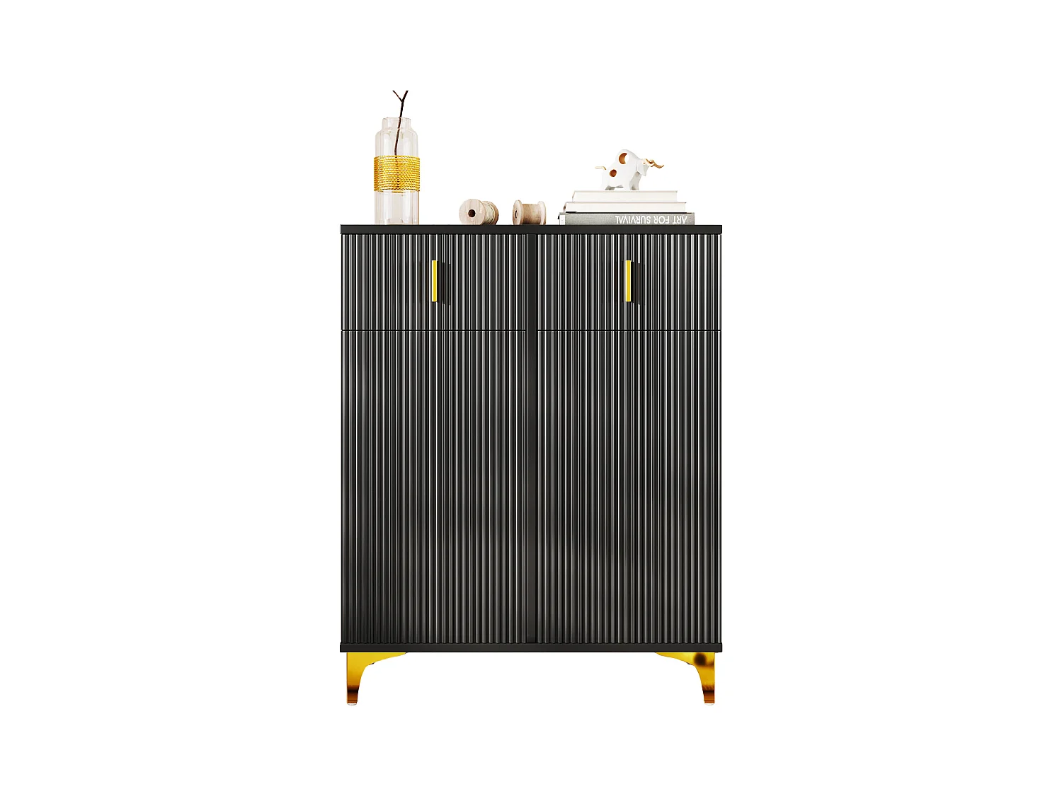 Buffet élégant avec panneaux texturés, étagères réglables et détails dorés, en panneau de particules, noir (83x35x101 cm)
