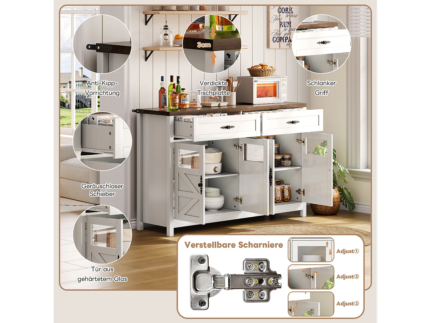 Buffet avec 3 tiroirs, 4 portes, MDF, blanc et bois (140x39x90 cm)