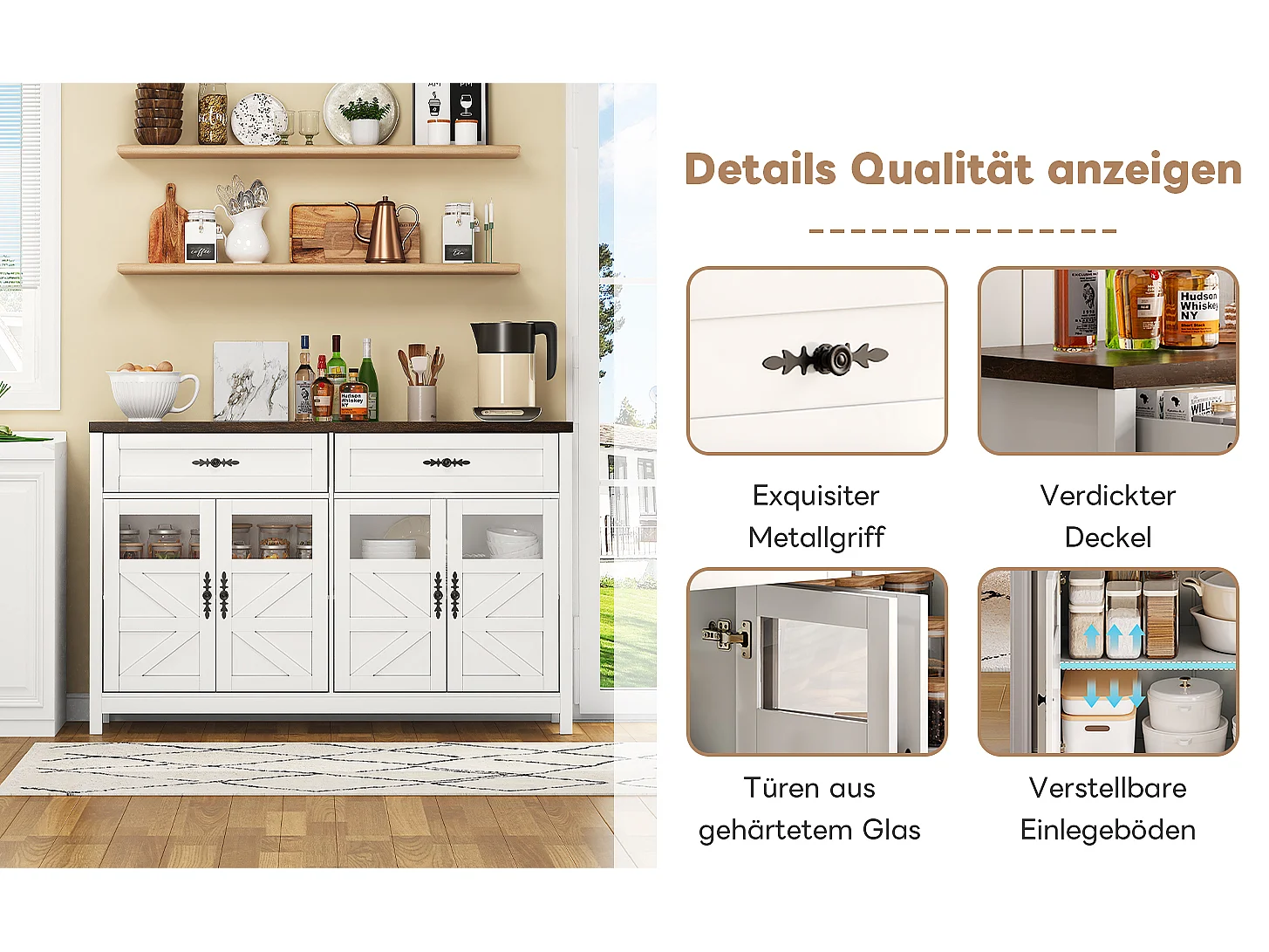 Buffet avec 3 tiroirs, 4 portes, MDF, blanc et bois (140x39x90 cm)