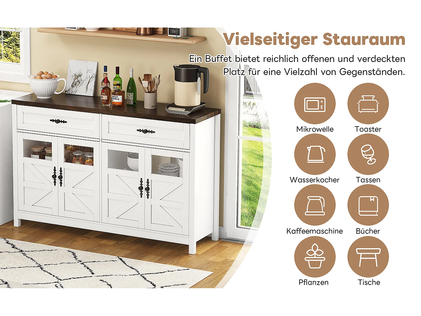 Buffet avec 3 tiroirs, 4 portes, MDF, blanc et bois (140x39x90 cm)