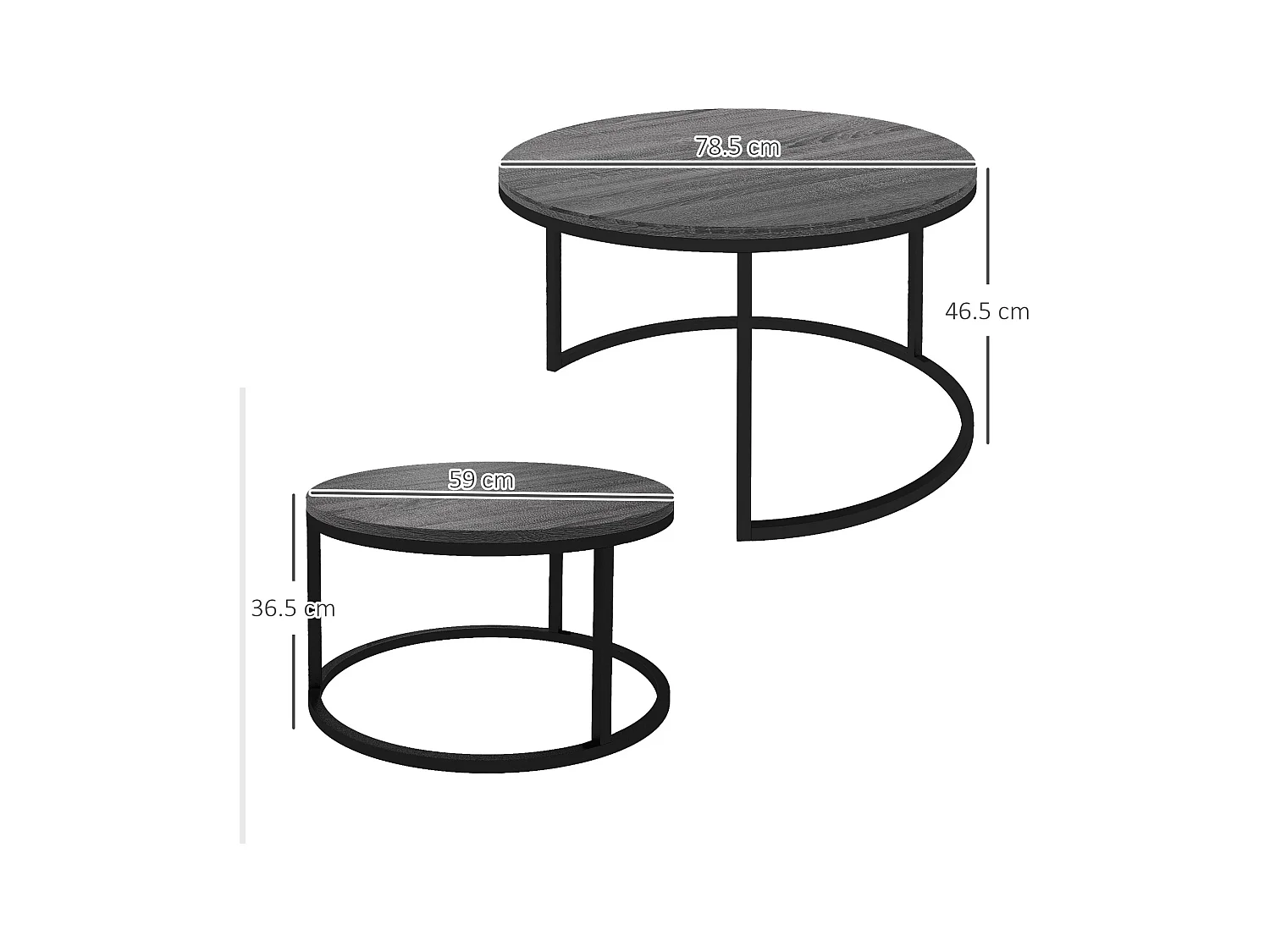 2-delige stapelbare ronde salontafel met metalen frame, houten bijzettafel, voor woonkamer en slaapkamer, zwart (78,5x78,5x46,5 cm)