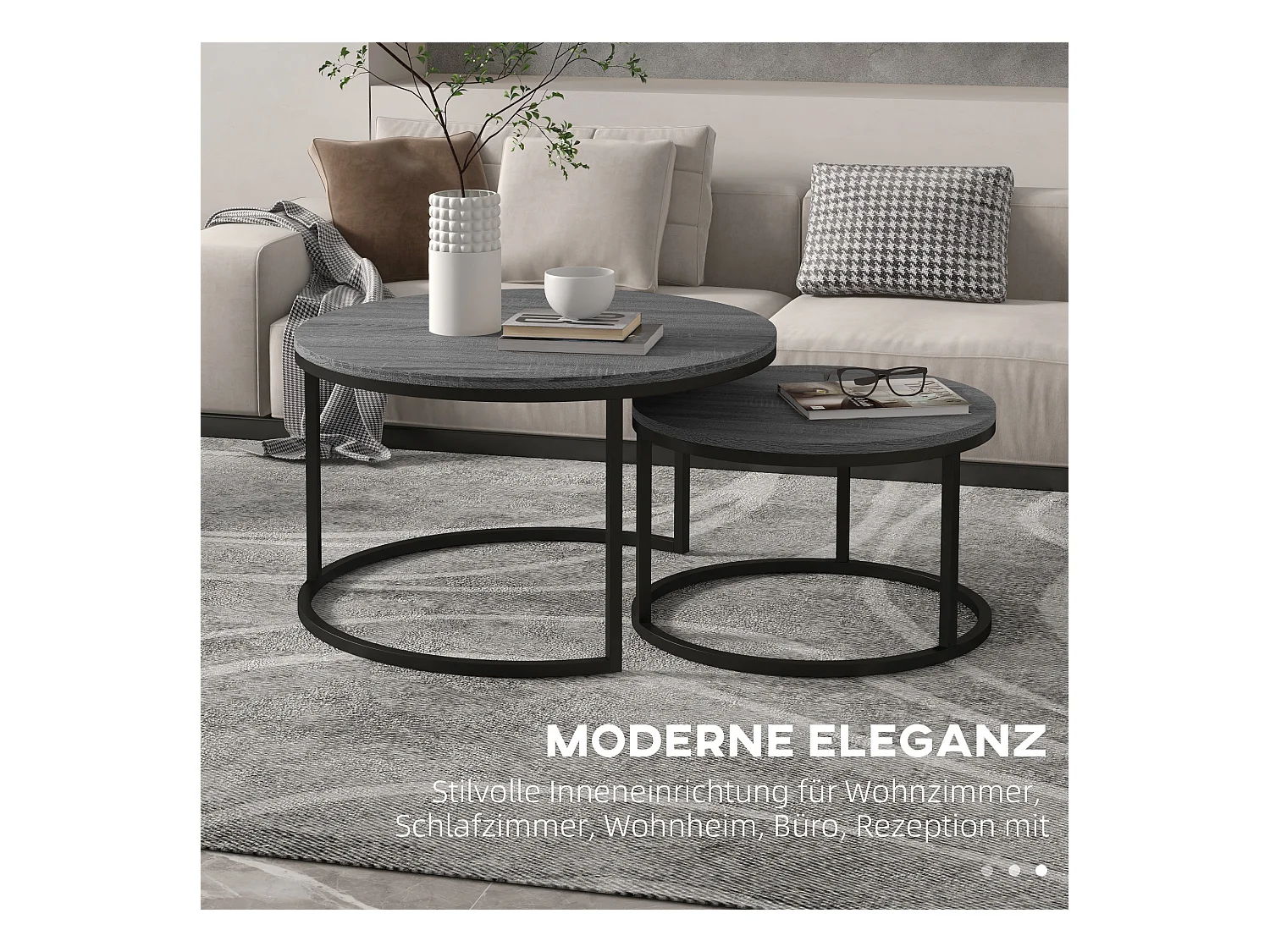 2-delige stapelbare ronde salontafel met metalen frame, houten bijzettafel, voor woonkamer en slaapkamer, zwart (78,5x78,5x46,5 cm)