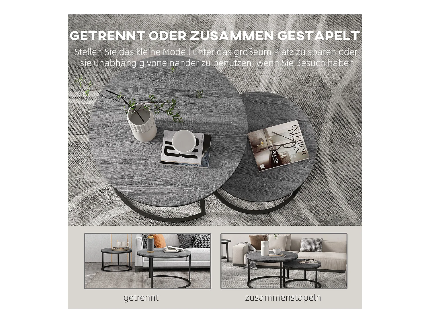 2-delige stapelbare ronde salontafel met metalen frame, houten bijzettafel, voor woonkamer en slaapkamer, zwart (78,5x78,5x46,5 cm)
