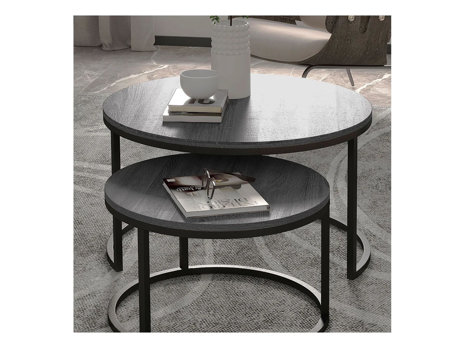 2-delige stapelbare ronde salontafel met metalen frame, houten bijzettafel, voor woonkamer en slaapkamer, zwart (78,5x78,5x46,5 cm)