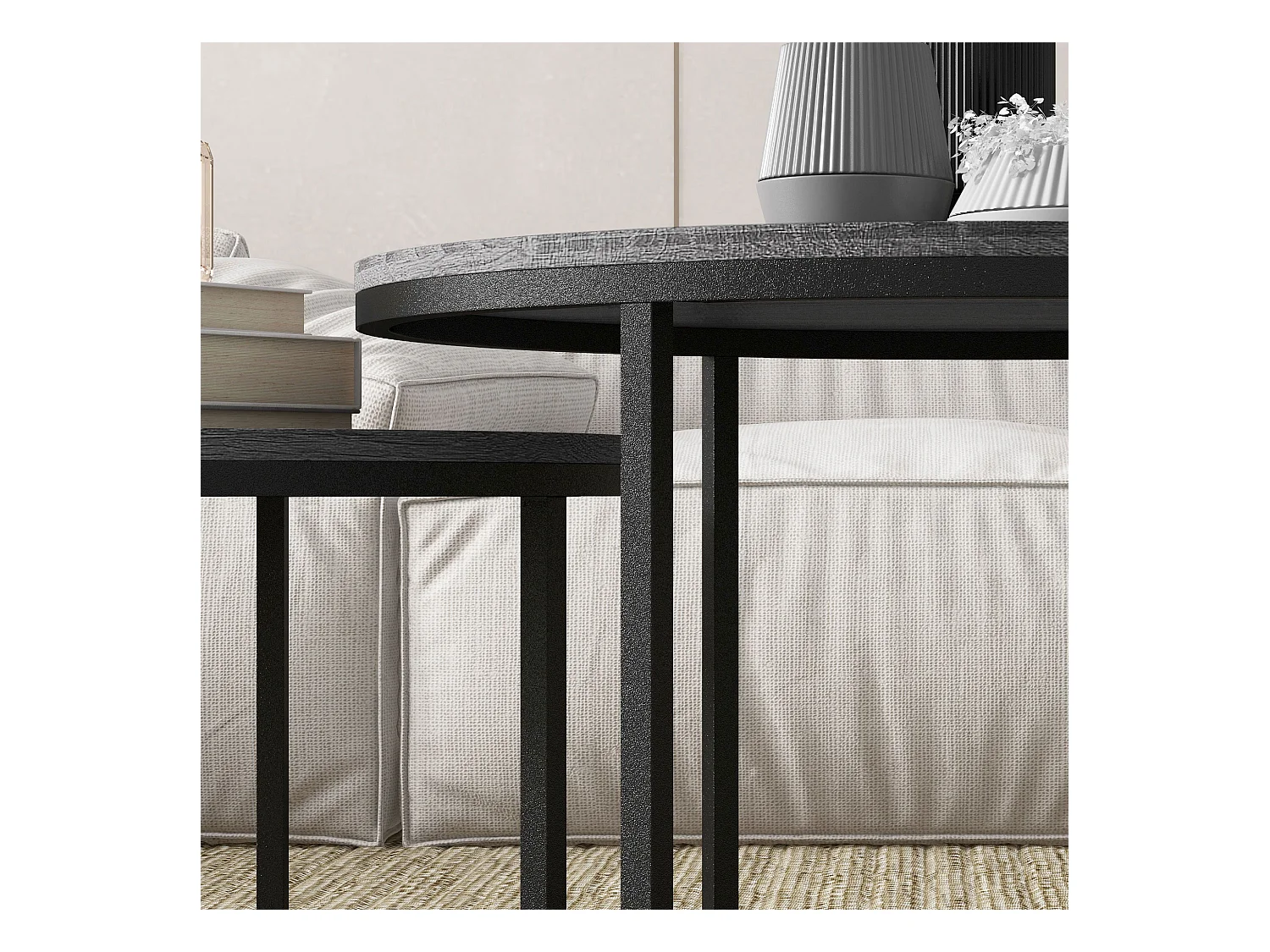 2-delige stapelbare ronde salontafel met metalen frame, houten bijzettafel, voor woonkamer en slaapkamer, zwart (78,5x78,5x46,5 cm)