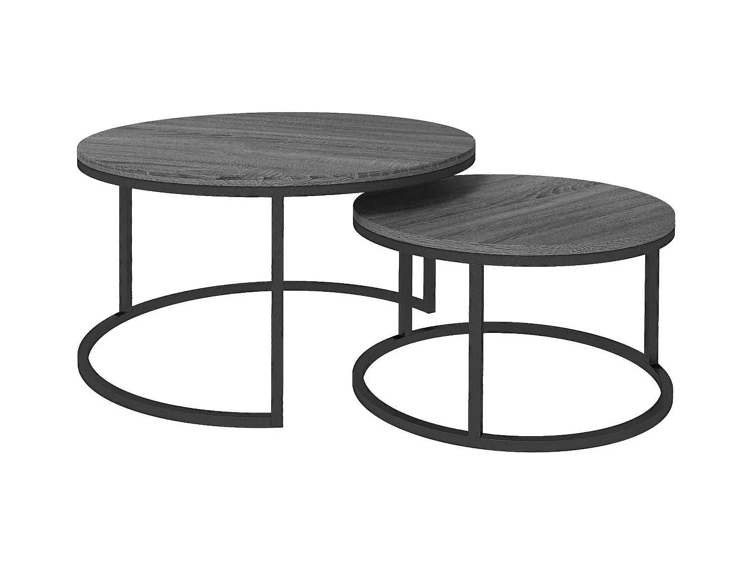 Table basse ronde 2 pièces empilable avec cadre en métal, table d'appoint en bois, pour salon et chambre, noir (78.5x78.5x46.5 cm)