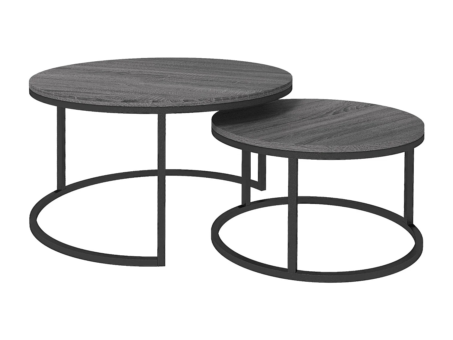 Table basse ronde 2 pièces empilable avec cadre en métal, table d'appoint en bois, pour salon et chambre, noir (78.5x78.5x46.5 cm)