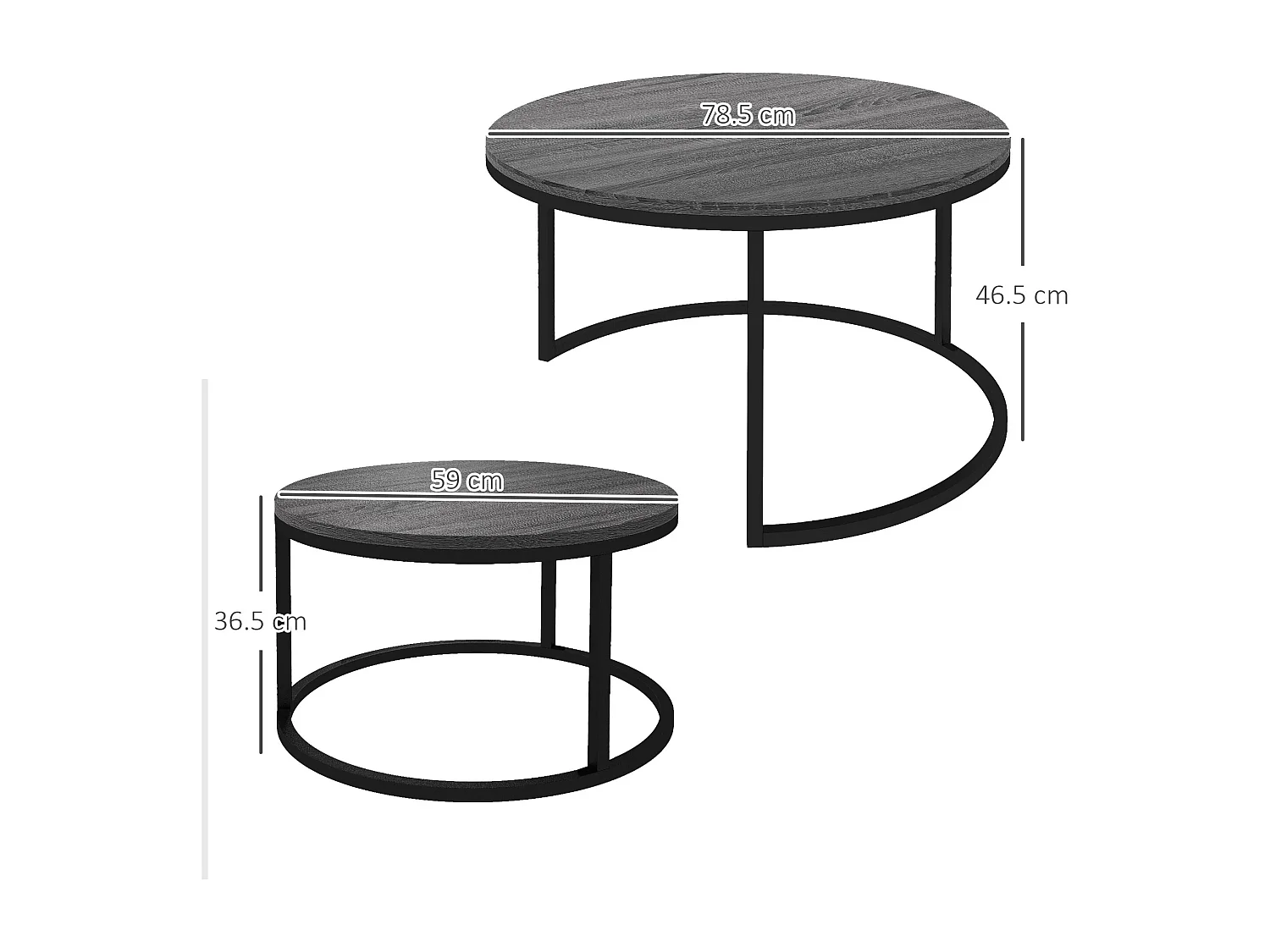 Table basse ronde 2 pièces empilable avec cadre en métal, table d'appoint en bois, pour salon et chambre, noir (78.5x78.5x46.5 cm)